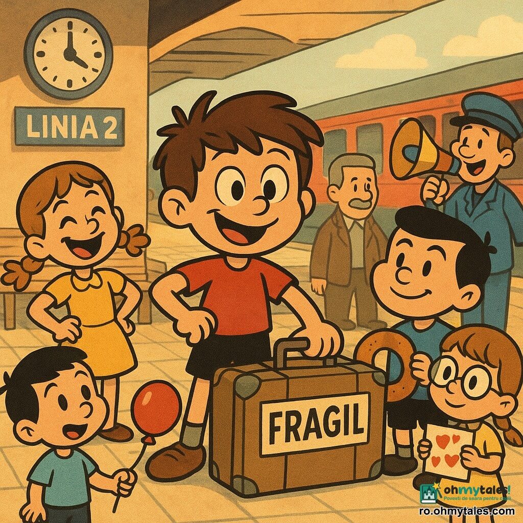Radu, băiat de 8 ani, față rotundă, păr brun dezordonat, ochi mari și zâmbet voios, stă în fața unei bănci de gară protejând o mare geantă marcată FRAGIL; Ilinca, fată de 8 ani, păr șaten deschis în două cozi, lângă stânga lui, cu mâinile în șold și zâmbet ștrengăresc; Doru, băiat de 9 ani, puțin mai solid, păr negru scurt, la dreapta, ține un covrig mare ca scut; Maia, fată de 7 ani, mică, cu ochelari rotunzi, în spate, ține o hartă cu inimioare, observatoare; Tibi, băiat de 6 ani, în fața grupului, ține un balon roșu și privește o valiză cu eticheta FRAGIL!!! cu uimire; în spate, proprietarul geantei, adult cu păr grizonant și jachetă maro, zâmbește recunoscător, iar un angajat al gării în uniformă albastră ține un megafon colorat; decor: peron animat ziua, ceas mare pe perete, bănci din lemn, panou LINIA 2, valize și călători în fundal, atmosferă veselă și protectoare în stil cartoon retro, culori vii și linii rotunjite.