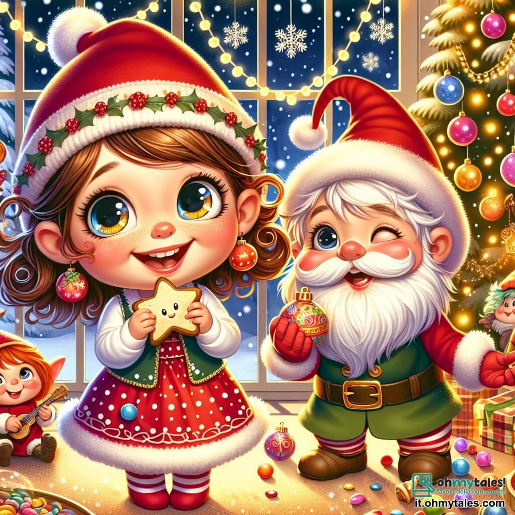 Una bambina di 4 anni, con grandi occhi brillanti e capelli ricci, indossa un vestito rosso a pois bianchi. Sorride meravigliata, tenendo un biscotto a forma di stella nella mano. Accanto a lei, un folletto burlone, un uomo piccolo con un cappello a punta rosso e una giacca verde, ride strizzando l'occhio. Ha una barba bianca e guance rosa, e sta giocolando con palle di Natale colorate. La scena si svolge in un soggiorno accogliente, decorato con ghirlande luminose e un grande albero di Natale adornato con palline brillanti e ghirlande dorate. Fiocchi di neve cadono dolcemente all'esterno attraverso una finestra, aggiungendo un tocco magico all'atmosfera. La situazione principale mostra la bambina e il folletto che ridono insieme, circondati da sorprese festive, mentre preparano un nuovo trucco di magia per Natale.