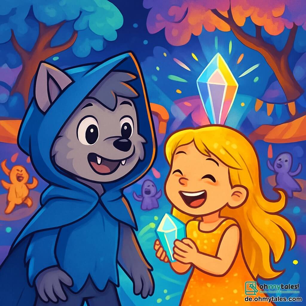Ein kleiner Werwolf, Leo, mit weichem grauem Fell und leuchtenden, neugierigen Augen, steht in der Mitte des Bildes und lächelt mit einem fröhlichen und staunenden Ausdruck. Er trägt eine große blaue Kapuze, die seine spitzen Ohren leicht verdeckt. Neben ihm steht ein etwa 8-jähriges Mädchen, Luna, mit langen goldenen Haaren und einem glitzernden Kleid, das lacht, während sie einen kleinen leuchtenden Kristall in ihren Händen hält. Sie steht leicht vor Leo und teilt seine Begeisterung. Die Szenerie ist eine magische Landschaft mit Bäumen mit bunten Blättern in Blau, Lila und Rosa und einem glitzernden Glasweg, der durch einen lebhaften Markt führt, wo fantastische Kreaturen um sie herum tanzen und singen. Die Hauptsituation zeigt Leo und Luna, die das Herz der Stadt entdecken, einen wunderschönen leuchtenden Kristall, umgeben von funkelnden Lichtern und fröhlichen Kreaturen, während sie ihre Freundschaft und ihr gemeinsames Abenteuer feiern.