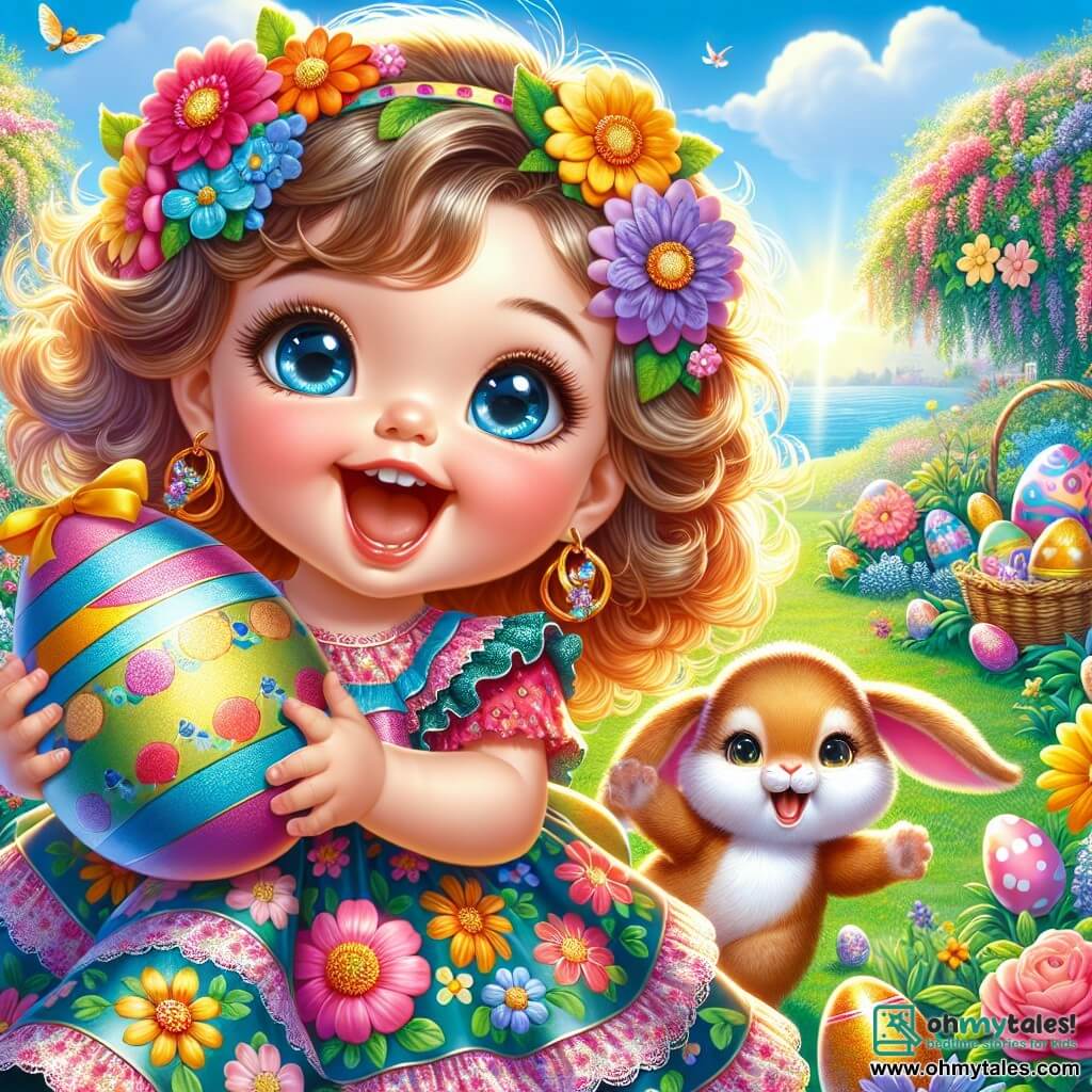 A 2-year-old girl with big bright eyes and curly hair wears a colorful dress with floral patterns. She is full of joy and smiles widely while holding a shiny egg in her hands. Next to her, an adorable plush rabbit with big ears and soft fur seems to encourage her by hopping happily. The setting is a sunny garden filled with vibrant flowers, with Easter eggs hidden among the bushes and green grass. In the background, a clear blue sky with fluffy white clouds adds to the magic of the scene. The little girl discovers a sparkling egg in her garden, full of excitement and curiosity, ready to search for lost eggs to celebrate Easter.