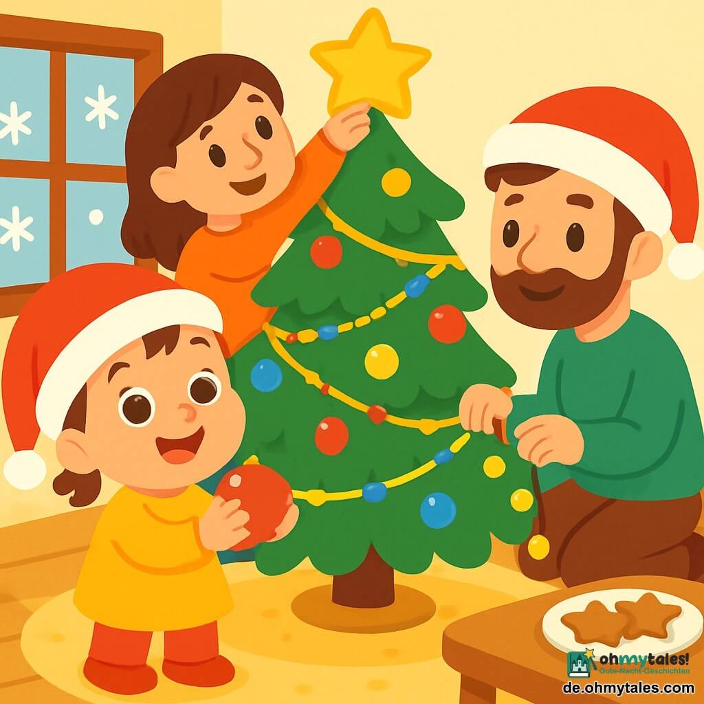 Ein kleines Mädchen von 2 Jahren mit großen leuchtenden Augen und einem staunenden Lächeln trägt einen hübschen roten Hut. Sie steht vor einem Weihnachtsbaum, der mit bunten Kugeln und glitzernden Girlanden dekoriert ist, und hält eine rote Kugel in ihren kleinen Händen. Neben ihr hängt ihre Mama, eine Frau in ihren Dreißigern mit braunen Haaren und einem kuscheligen Pullover, einen goldenen Stern auf die Spitze des Baumes, lächelnd und aufmerksam. Der Vater des Mädchens, ein etwa 35-jähriger Mann mit einem weichen Bart und einer Weihnachtsmütze, hockt neben dem Baum und hält eine Lichterkette, die er aufhängen möchte. Die Szene spielt sich in einem gemütlichen Wohnzimmer mit cremefarbenen Wänden und Fenstern mit Schneeflocken ab. Ein weicher Teppich liegt auf dem Boden, und auf dem Tisch stehen Weihnachtsplätzchen, die einen köstlichen Duft verströmen. Das kleine Mädchen, voller Freude, ist bereit, die rote Kugel am Baum aufzuhängen, ihre Augen funkeln vor Aufregung und Staunen.