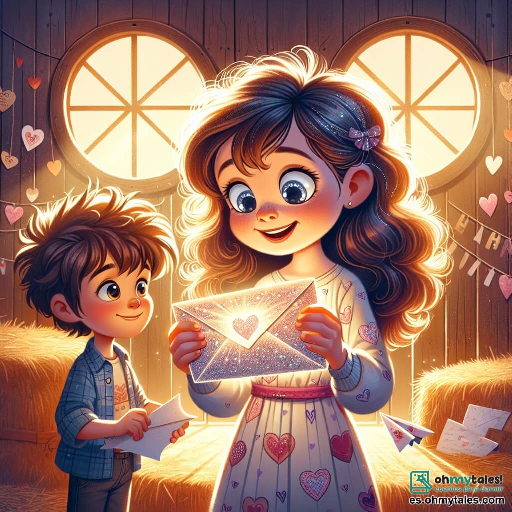 Una niña de 8 años, Luna, con grandes ojos brillantes y cabello rizado, sonríe con asombro mientras sostiene una carta brillante en sus manos. Lleva un vestido ligero con patrones de nubes y corazones, y su rostro está iluminado por una suave emoción de alegría y curiosidad. A su lado, un niño de 8 años, Mateo, con cabello desordenado y una sonrisa traviesa, mira la carta con interés, sosteniendo un pequeño avión de papel en la otra mano. Ambos están en un granero de madera rústica, lleno de luz dorada que filtra a través de ventanas redondas, rodeados de pacas de heno y decoraciones de San Valentín, como corazones de papel colgantes. La escena principal muestra a Luna y Mateo descubriendo juntos la magia de la amistad, maravillándose ante la carta misteriosa, listos para vivir una aventura llena de sorpresas y risas.