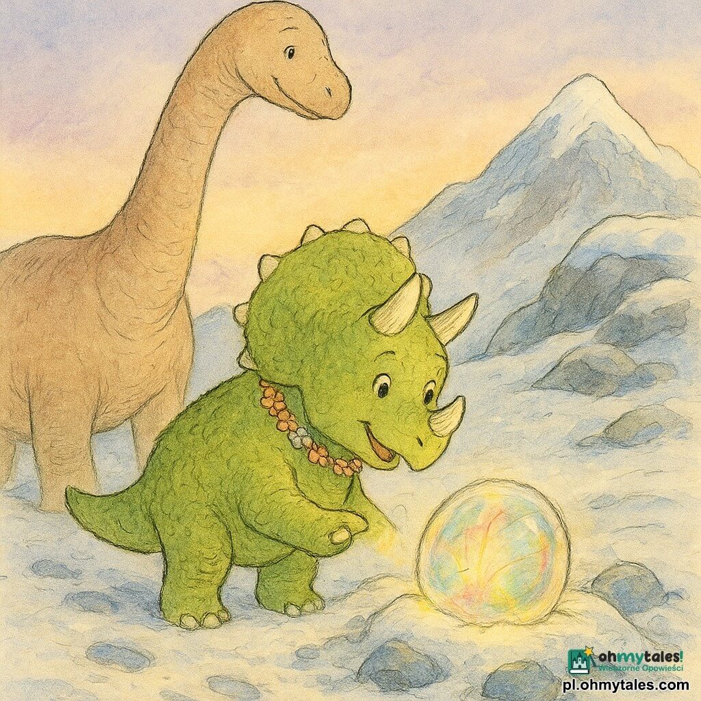 Mały promienny i odważny triceratops o szorstkim pistacjowozielonym futrze, krótkich rogach i wianku drobnych kwiatów, z radosną twarzą i błyszczącymi oczami pochyla się z zachwytem, by dotknąć dużego świecącego kamienia; trzyma lewą łapę uniesioną, pyszczek skrzywiony ciepłym wzruszeniem, stoi pewnie, wydychanie widoczne w zimnym powietrzu. Większy towarzysz diplodok o długiej, zmatowiałej szyi w piaskowo-różowym odcieniu, z łagodnym spojrzeniem i dyskretnym uśmiechem, stoi tuż za nim po lewej, pilnując. Na szczycie zaśnieżonej góry skrzypiący puch śniegu, oszlifowane wiatrem szaro-niebieskie skały i mieniące się kryształki lodu. Magiczny kamień leży na poduszce śniegu, przejrzysty, z tańczącymi wewnątrz wielobarwnymi nitkami światła, rzucającymi tęczowe poświaty na twarze. Miękkie światło późnego popołudnia, bladolawendowo-złote niebo, drobne ślady prowadzące do kamienia, atmosfera zachwytu i bliskości między dinozaurami.
