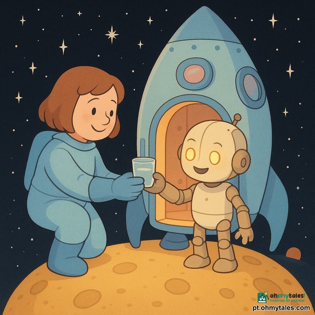 Marta, mulher adulta de cerca de 30 anos, rosto redondo e sorriso sereno, cabelo curto castanho, veste um macacão espacial azul-claro com luvas e botas arredondadas; ela estende a mão para dar um pequeno copo de água transparente a um robozinho amigo do tamanho de uma criança, corpo metálico creme fosco com rebites redondos, grandes olhos amarelos e sorriso pintado, que segura o copo na soleira da porta aberta da nave à sua direita; a nave é redonda e azul, com portas e escotilhas circulares e luzes em tons pastéis, pousada numa pequena lua cor de mel com textura granulada e crateras suaves; o céu negro salpicado de estrelas brancas cintilantes e filamentos luminosos, com um pequeno planeta laranja no horizonte; cena tranquila e mágica, cores quentes e pastéis, iluminação suave, linhas arredondadas e composição centrada no gesto de partilha.