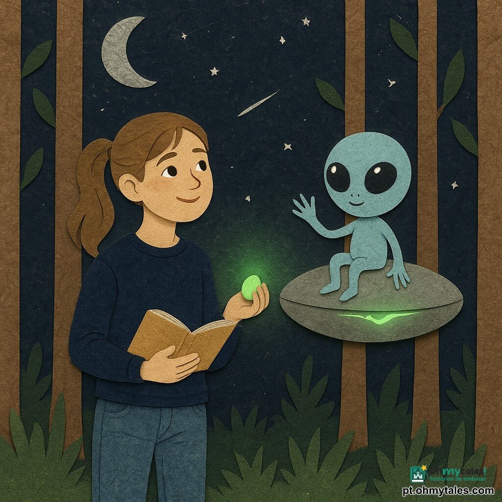 Marta, 12 anos, ansiosa mas sorrindo, roupa simples, segurando um caderno de páginas amareladas e uma pequena pedra verde luminosa na palma, olha para cima entre troncos de choupos; Zi, criatura extraterrestre redonda de pele azul-pálida, grandes olhos brilhantes e dedos finos, está sentada numa cápsula metálica oval com uma fissura verde luminosa que se eleva lentamente atrás dela; cenário de choupos alinhados formando um corredor, relva noturna texturizada, lua prateada parcial e céu estrelado; cena de despedida poética, halo verde ilumina Marta e o caderno, atmosfera suave, melancólica e cheia de assombro, estilo de formas recortadas e contrastes de papel texturizado.