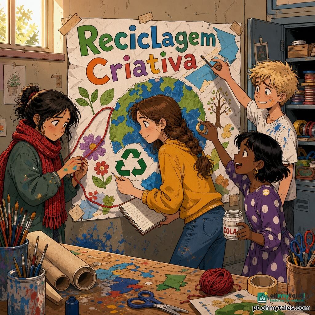 Uma menina de 12 anos, olhar atento e sorridente, cabelos castanhos médios em trança solta, veste suéter cor mostarda e jeans, segura um caderno e um lápis inclinada sobre um grande cartaz colorido que ajuda a colar na parede; Inês, cerca de 12 anos, expressão animada e brincalhona, cabelos pretos curtos, usa vestido de bolinhas e segura um pote de cola à direita; Matilde, cerca de 12 anos, tímida e corada, cachecol de lã vermelho e mãos com manchas de tinta, passa tiras de lã vermelha à esquerda; Gonçalo, cerca de 13 anos, cabelo despenteado, camiseta manchada de azul, aliviado e envergonhado, segura um pincel e repõe uma parte recortada do desenho; sala de Artes Plásticas com mesas de madeira manchadas de tinta, potes de pincéis desordenados, tesouras, rolos de papel branco, armário metálico aberto com fitas e carretéis e luz quente de janela alta; cena principal: o grupo monta e reconstrói um grande cartaz mostrando uma garrafa alada e o título Reciclagem Criativa, com gestos cooperativos e atmosfera de reparo alegre, texturas de papel amassado, colagens visíveis e marcas de tinta seca no chão; estilo gráfico de linhas claras, cores saturadas, expressões marcantes e enquadramento médio próximo ao grupo.