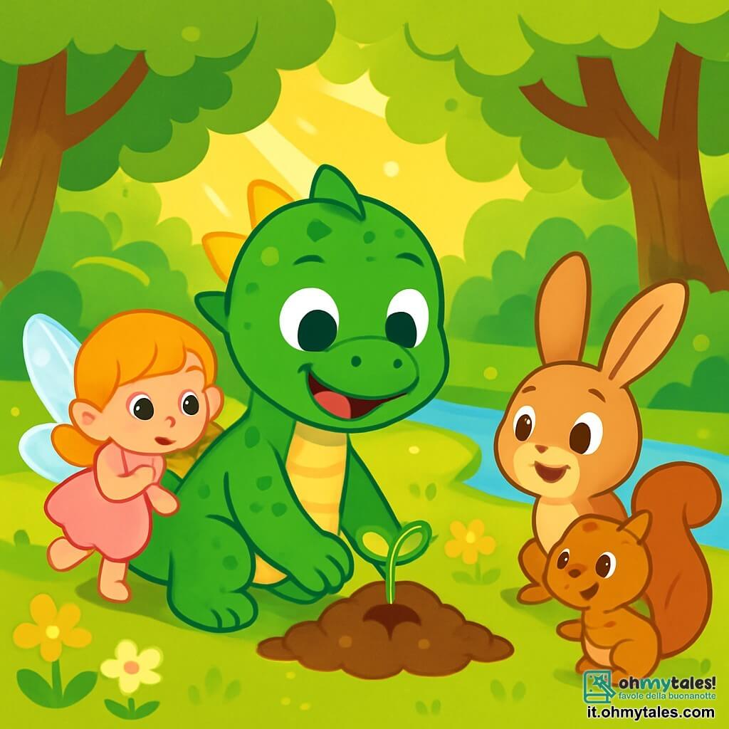 Un piccolo drago verde, di nome Pino, con squame brillanti e occhi scintillanti di gioia, si trova al centro della scena, sorridendo mentre pianta un piccolo seme nella terra. Accanto a lui, una piccola fata con ali luccicanti, vestita di rosa, guarda Pino con ammirazione, i suoi occhi brillanti di eccitazione. Un gruppo di animali del bosco, come un coniglio dalle grandi orecchie e uno scoiattolo dal pelo setoso, si avvicina curiosamente, i loro volti esprimono gioia ed entusiasmo. Il luogo è un magnifico boschetto verde, pieno di alberi maestosi, fiori colorati che danzano al vento e un ruscello cristallino che serpeggia dolcemente nel paesaggio. La scena principale mostra Pino e i suoi amici mentre piantano semi, circondati dalla natura, con raggi di sole che filtrano tra i rami, creando un'atmosfera calda e gioiosa.