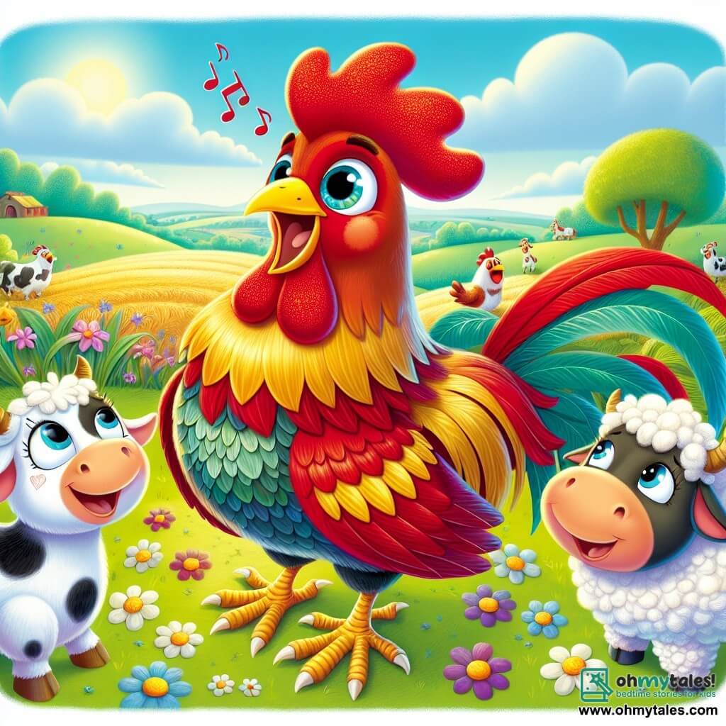A rooster named Rufus, with bright red and gold feathers, stands proudly at the center of the image, his eyes sparkling with curiosity and joy. He is singing, wings slightly spread, with a big smile on his beak. Next to him, a cow named Clara, sweet and round with black and white spots, listens attentively, her big eyes filled with admiration. In the background, a fluffy sheep, with soft wool and delicate legs, joyfully jumps, adding a dynamic touch to the scene. The setting is a sunny farm, with green hills on the horizon, colorful flowers dancing in the wind, and a bright blue sky dotted with fluffy white clouds. Rufus stands on a small mound, surrounded by his animal friends, all captivated by his song. The main situation shows Rufus sharing his magical adventure in the bright garden while his friends listen with wonder and joy.