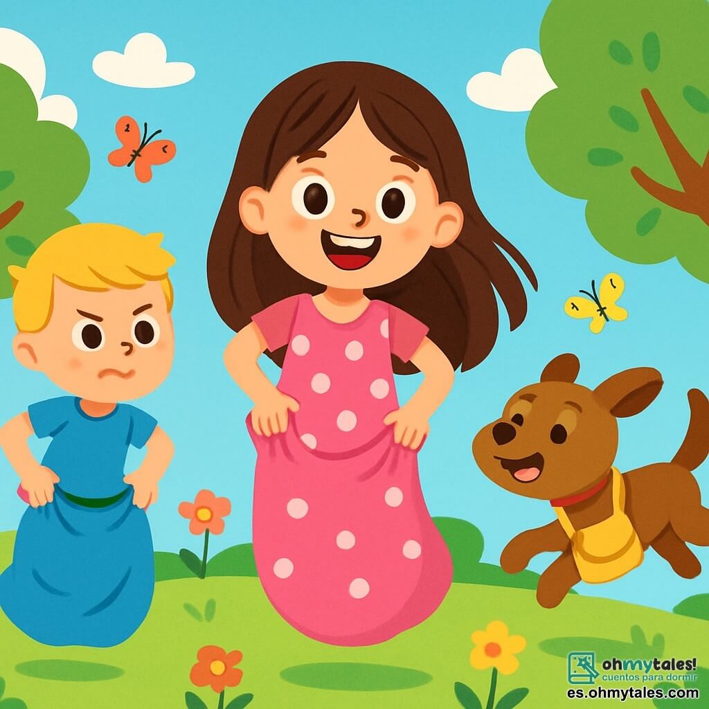 Hay 3 personajes: - Lila: una niña de 7 años, con largos cabellos castaños y ojos brillantes. Lleva un vestido rosa con lunares blancos y sostiene una bolsa de yute rosa. Está en el centro, sonriendo y llena de energía. - Tomás: un niño de 8 años, con cabello corto y rubio. Lleva una camiseta azul y un short verde. Está a la izquierda de Lila, saltando en su saco azul, con aire decidido. - Pipo: un perrito de raza terrier, con pelaje marrón y ojos vivos. Lleva una pequeña bolsa amarilla y está a la derecha de Lila, saltando alegremente, con su cola moviéndose con entusiasmo. La escena se desarrolla en un parque soleado, lleno de flores coloridas y grandes árboles verdes. El cielo es azul con algunas nubes blancas esponjosas, y mariposas vuelan alrededor de los amigos. La situación principal muestra a los tres amigos compitiendo en una carrera de sacos, riendo mientras intentan saltar lo más alto posible, con expresiones de alegría y emoción en sus rostros.