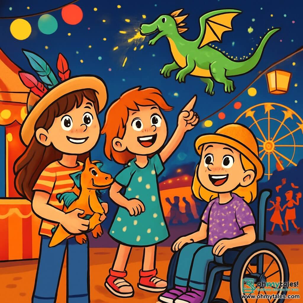 There are three characters: - Lucy: an 11-year-old girl with long brown hair and sparkling eyes. She wears a hat adorned with colorful feathers and a striped t-shirt. She is standing, smiling, holding a small stuffed dragon in her arms. - Emma: an 11-year-old girl with messy red hair and a cheerful face. She wears a polka dot dress and colorful sneakers. She is next to Lucy, pointing at the dragon floating in the sky. - Chloe: an 11-year-old girl in a wheelchair, with blonde hair and a sparkling hat. She wears a sequined t-shirt and has a big smile. She is sitting next to Lucy, her eyes shining with excitement as she watches the show. The setting takes place in a lively carnival, with colorful stalls decorated with string lights and floating balloons. Lanterns glow in the twilight, and people in festive costumes dance around a brightly lit Ferris wheel. In the background, a majestic floating dragon breathes sparks of light, adding a magical touch to the atmosphere. The main scene shows the three friends marveling at the carnival spectacle, laughing together under the starry sky, surrounded by bright colors and joy, while the dragon majestically rises above them, illuminating their faces with wonder.