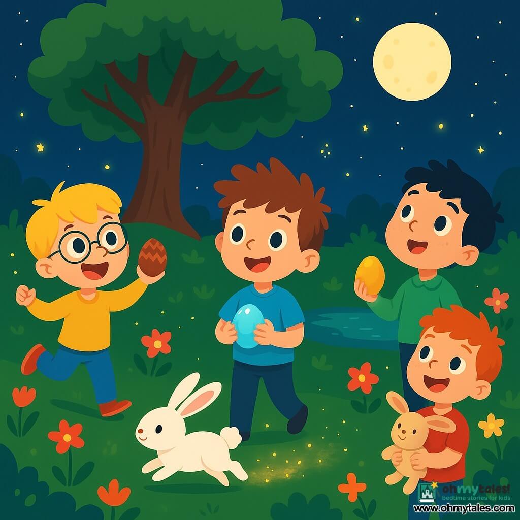 There are 4 children: Ben, a 6-year-old boy with messy brown hair and sparkling eyes, wearing a blue t-shirt with a little bunny, stands in the center smiling with a shiny egg in his hands. Max, a 5-year-old boy with blonde hair and round glasses, wears a yellow sweater and is to the left of Ben, jumping with excitement holding a chocolate egg. Leo, a 6-year-old boy with black hair and freckles, wears a green shirt and stands to the right of Ben, holding a golden egg and looking up at the sky in wonder. Charlie, a 5-year-old boy with red hair and a big smile, wears a red t-shirt and stands slightly back, holding his stuffed bunny and watching the others joyfully. The setting is a magical garden under a starry sky, illuminated by the moon, with colorful flowers blooming around and fireflies sparkling like shooting stars. In the center, a large majestic tree provides shade, and a small pond reflects the moonlight. The main scene shows the children following a little white rabbit that is moving away, leaving a trail of sparkling dust behind. They are amazed, eyes wide open, ready to discover the hidden colorful eggs in the garden.