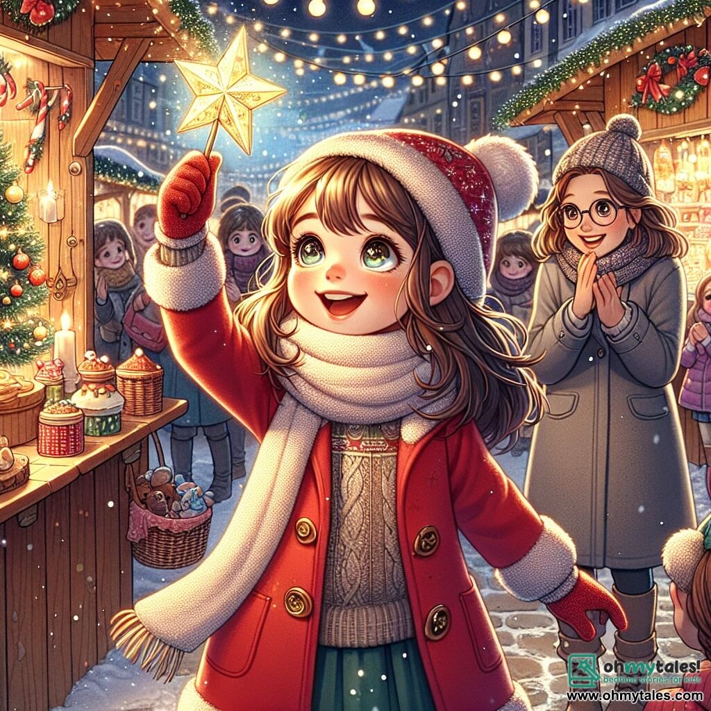A 9-year-old girl named Lucy stands in the center of a bustling Christmas market, her eyes sparkling with wonder and a big smile on her face. She wears a bright red coat, a white wool scarf, and matching gloves, holding a shimmering star that emits a soft golden light. Next to her, her mother, a woman around 35 with brown hair and glasses, looks at her with pride and affection, wearing a gray coat and a knitted hat, encouraging her to share her adventure. The Christmas market is decorated with colorful lights and trees adorned with shiny ornaments. Wooden stalls offer treats, toys, and decorations, while snowflakes gently fall from the sky, creating a magical and warm atmosphere. The scene shows Lucy, full of joy, raising the star above her head, ready to place it at the center of the market, as children and adults around her applaud and smile, captivated by the magic of Christmas.