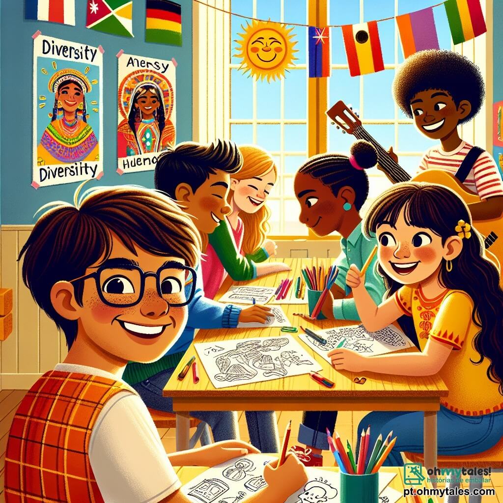 Um garoto de 12 anos, Miguel, com cabelos castanhos e óculos, está sentado a uma mesa de madeira, concentrado e entusiasmado, desenhando esboços para uma peça de teatro sobre diversidade. Ao seu lado, Ana, uma menina de 11 anos com cabelos longos e loiros, sorri segurando lápis de cor, pronta para criar fantasias coloridas. Pedro, um garoto de 12 anos com cabelos negros e pele morena, está em pé, gesticulando com paixão enquanto conta uma história, enquanto Sofia, uma menina de 11 anos com cabelos cacheados e pele clara, toca violão, adicionando uma melodia alegre à atmosfera. O local é uma sala de aula iluminada, decorada com pôsteres representando diferentes culturas do mundo, com janelas que deixam entrar a luz do sol, iluminando os rostos das crianças. A cena principal mostra o grupo de Miguel colaborando com entusiasmo, trocando ideias e risadas, ilustrando o espírito de camaradagem e criatividade que emana de seu projeto sobre diversidade.