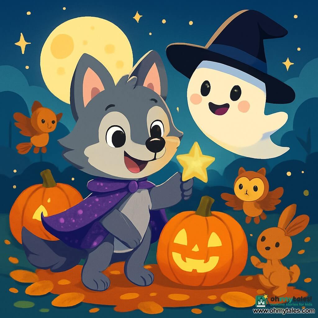 A cheerful little wolf named Wally, with soft gray fur and sparkling curious eyes, wears a shimmering purple and silver cape. He smiles widely, ears perked up, holding a small shining star in his paw. Next to him is a small ghost named Glimmer, with a friendly face and a large black hat, joyfully floating with excited bright eyes. They are in a pumpkin field illuminated by the moon, where forest creatures dance around them. The ground is covered with golden leaves, and the scene is filled with soft lights and bright colors. Wally and Glimmer celebrate Halloween together, surrounded by laughter and magic in a festive and warm atmosphere.