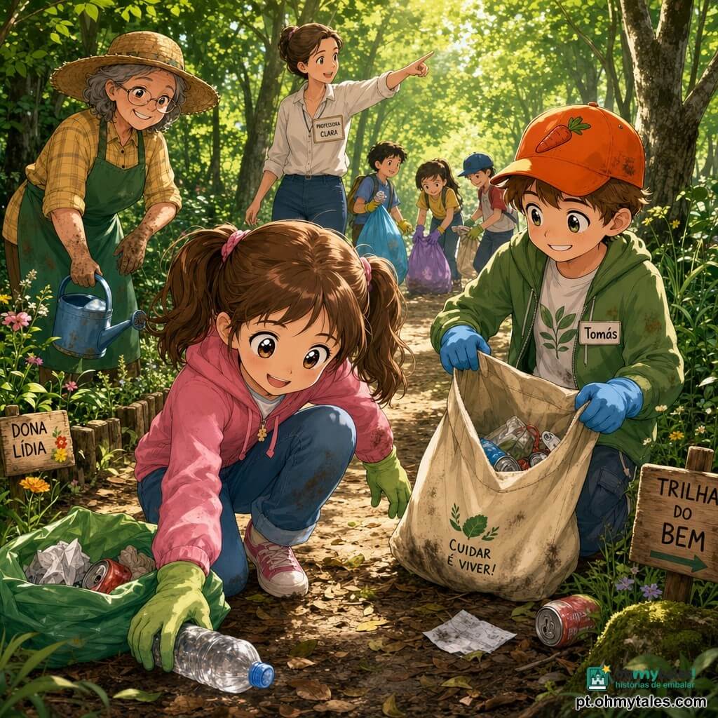 Menina de 8 anos, cabelo castanho em duas tranças, rosto redondo e olhos grandes brilhantes, expressão concentrada e alegre, agachada apanhando uma garrafa plástica com luvas verdes; menino de 8 anos (Tomás), boné laranja com desenho de cenoura, sorriso malicioso, segura um saco de pano meio cheio ao lado dela e ajuda a separar o lixo; mulher adulta (professora Clara, ~30 anos), cabelo preso, bata leve, aponta para a trilha e vigia com cuidado ao fundo; senhora idosa (Dona Lídia, ~60 anos), chapéu de palha, mãos um pouco sujas, segura um regador pequeno e sorri junto aos canteiros à esquerda; local: trilha de terra sombreada com arbustos baixos e flores silvestres, folhas úmidas, alguns troncos, luz dourada filtrando pela folhagem, tufos de grama e pedras musgosas; cena: crianças limpando a trilha com gestos calmos e organizados, sacos coloridos e alguns objetos recolhidos (papel, garrafa, lata), atmosfera luminosa e otimista que mostra cuidado com a natureza; estilo: cores vivas e suaves, traços limpos tipo mangá, proporções infantis e texturas visíveis (terra, tecido, plástico brilhante), fundo detalhado porém legível.