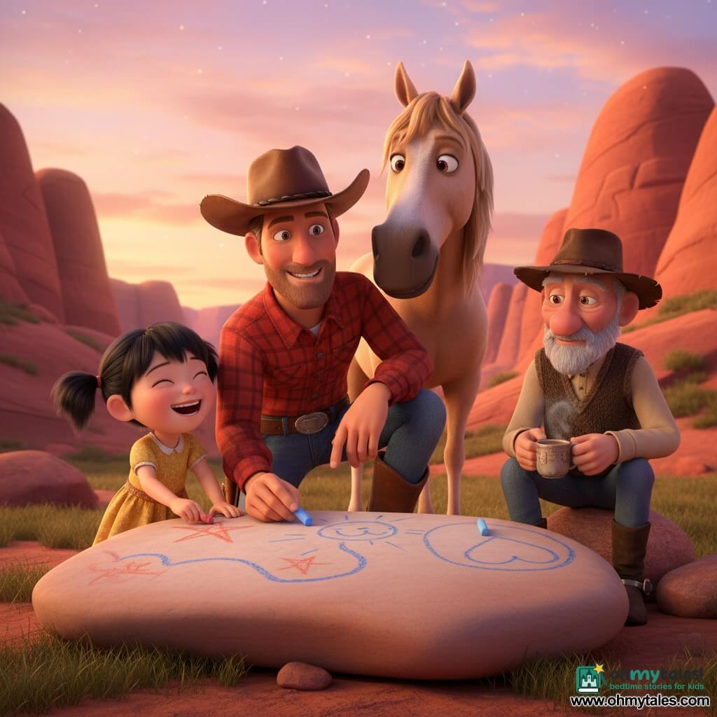 A kind smiling cowboy in his thirties, fair-skinned, brown hat, red plaid shirt and leather boots kneels before a large flat rock drawing a simple map with a thick blue piece of chalk; a little girl, Mei, about 6, black pigtails and a yellow dress, laughs and adds a red star on the rock standing left near his hand; an elderly man, Joe, about 70, wrinkled face, gentle eyes, worn hat and wool jacket, sits on a small stone to the right holding a tea cup and tracing a circle around a drawn heart; a gentle horse named Dusty with a beige mane stands just behind the cowboy with its muzzle near his shoulder; the setting is a wide welcoming canyon with smooth rounded rocks, low green grass and a late-afternoon orange-pink sky with stars beginning to appear; warm backlight, slightly shallow focus, mid-close shot — colorful chalk drawings on the rock, faces lit by soft sunset, centered composition, bright contrasting colors, smooth 3D textures and rounded forms, calm joyful mood.