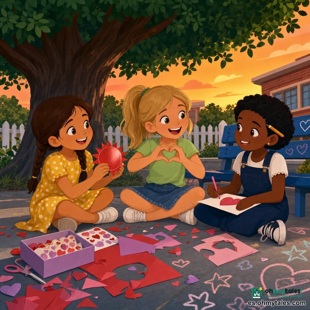 Tres niñas celebran San Valentín en el patio al anochecer bajo un gran árbol de hojas oscuras: Alma, ~8 años, trenzas castañas, vestido amarillo de lunares blancos, sentada a la izquierda con un papel rojo brillante en forma de sol; Brisa, ~9 años, coleta rubia, camiseta verde claro y falda vaquera, sentada en el centro riendo y haciendo un gesto de corazón con los dedos; Cora, ~8 años, pelo negro corto, peto azul marino y lápiz tras la oreja, sentada a la derecha dibujando y mirando a las otras. En el suelo de cemento hay dibujos de tiza (corazones y estrellas), una pequeña reja blanca y un banco azul; sobre la mesa improvisada hay papeles rojos y rosas, confeti en forma de corazón y una caja de pegatinas, ambiente cálido, alegre y cómplice con luz naranja del atardecer.