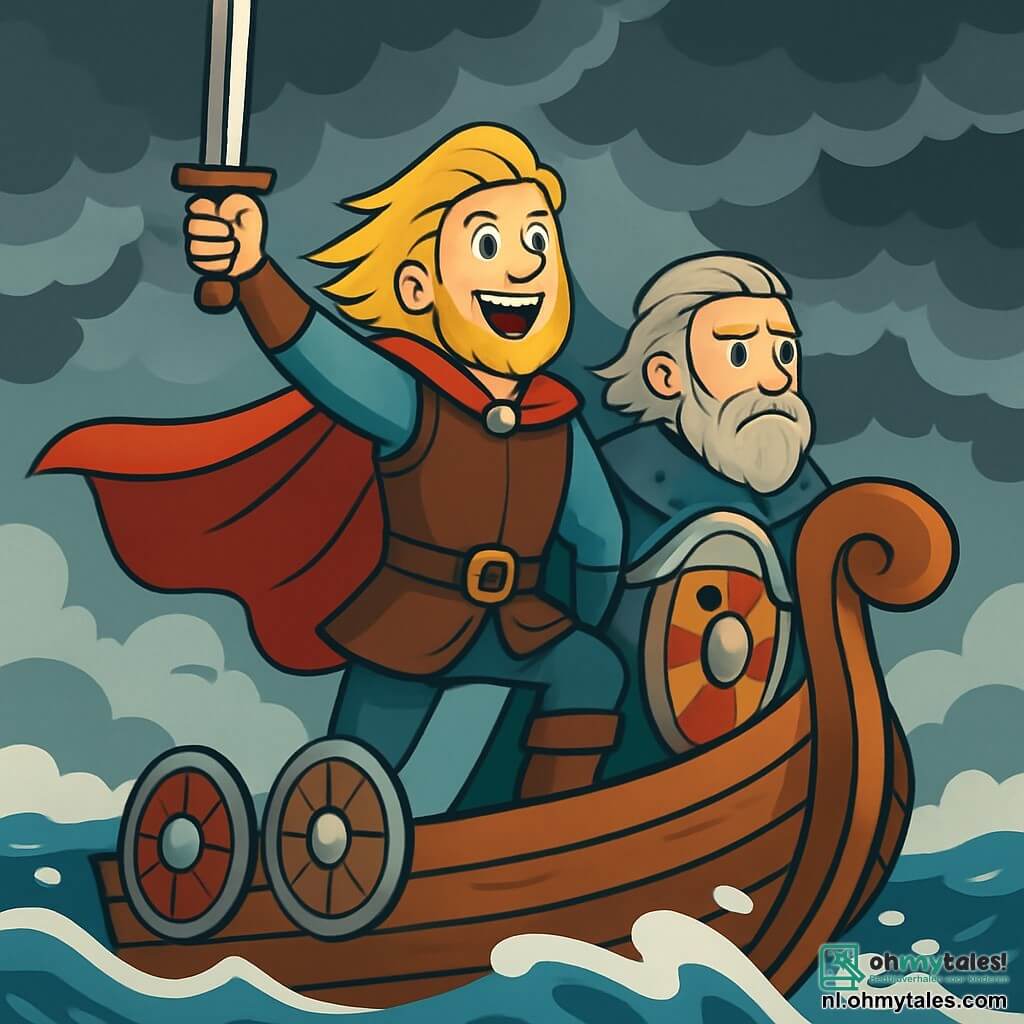 Een jonge Viking genaamd Erik, ongeveer 25 jaar oud, staat trots en vastberaden aan de boeg van zijn drakkar. Hij heeft lang blond haar, een goed verzorgde baard, en zijn ogen stralen van opwinding en moed. Hij heft zijn zwaard, terwijl de wind zijn leren tuniek en rode cape laat wapperen, terwijl hij de horizon in de gaten houdt. Naast hem staat een oudere man, zijn mentor, ongeveer 50 jaar oud, met grijs haar en een volle baard, die de zee met een wijze blik observeert. Hij draagt een metalen pantser versierd met Noordse motieven en houdt een versierd houten schild vast. De drakkar vaart op een woelige zee, met woeste golven en een stormachtige lucht, waar donkere wolken zich ophopen, wat een sfeer van spanning en avontuur creëert. De belangrijkste situatie toont Erik en zijn mentor die zich voorbereiden om een dreigende storm te trotseren, wat het begin van hun grote reis symboliseert en de uitdagingen die ze samen moeten overwinnen.