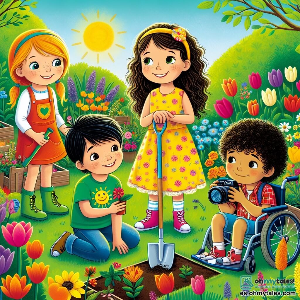 En un jardín comunitario vibrante de colores primaverales, cuatro niños se encuentran en el centro de la escena. Sofía, una niña de 10 años con cabello rizado y castaño, lleva un vestido amarillo brillante y sonríe alegremente sosteniendo una pequeña pala. A su derecha, Pablo, un niño de 11 años en silla de ruedas, tiene cabello negro y lleva una camiseta azul con un diseño de sol; observa con asombro las flores a su alrededor. A la izquierda, Marta, una niña de 9 años con cabello liso y rubio, está agachada examinando una pequeña planta con una lupa, vestida con un short de mezclilla y una camiseta verde. Por último, Leo, un niño de 10 años con cabello castaño y rizado, está de pie con una cámara en la mano, listo para capturar este momento mágico, vestido con una camisa de cuadros roja. El jardín está lleno de flores coloridas: tulipanes rojos, narcisos amarillos y violetas, rodeados de exuberante verdor. Al fondo, un gran árbol en flor añade un toque de magia. Los rayos del sol filtran a través de las ramas, creando sombras danzantes en el suelo. Los niños están plantando semillas en el jardín, simbolizando su compromiso con el cuidado de la naturaleza y la celebración de la llegada de la primavera. Intercambian sonrisas y risas, ilustrando la amistad y la alegría de compartir esta experiencia juntos.