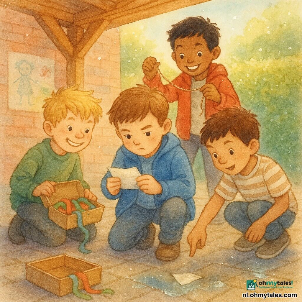 Er zijn vier jongens van 9 jaar: Sam, kastanjebruin kort haar, blauwe jas, in het midden licht voorovergebogen en serieus naar een papiertje kijkend; Max, blonde warrige haren, groene trui, links van Sam met een ondeugende glimlach en een open doos met linten op zijn schoot; Jonas, bruin haar, gestreept T-shirt, gehurkt rechts van Sam wijst naar een vochtig hoekje van de vloer met een hoekje papier; Tijmen, zwart haar, rode jas, staat achter Sam enthousiast met een stukje touw in zijn hand, alles speelt zich af op een schoolplein onder een gelakte houten overkapping met bestrating en glinsterende plasjes, muren met kindertekeningen en een open materiaaldoos met gekleurde linten, een natte groene haag op de achtergrond; de vier kleine speurders ontdekken een gevouwen briefje tussen natte bladeren, zacht ochtendlicht weerspiegelt in de plasjes, roze en blauwe linten verspreid, nieuwsgierige hartelijke sfeer, compositie gecentreerd op de groep die zich over het papiertje buigt.