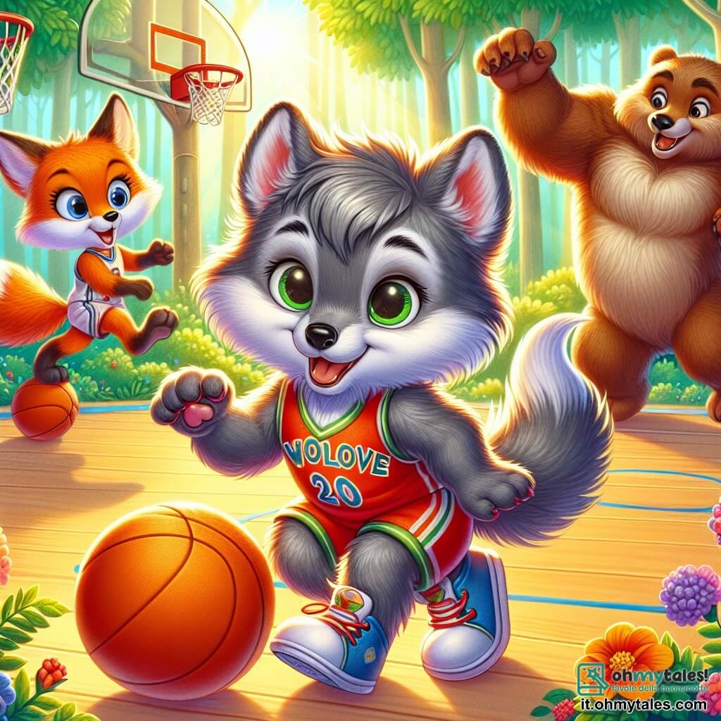 Un piccolo lupo dai peli grigi e setosi, con grandi occhi scintillanti di eccitazione, dribbla una palla da basket su un campo soleggiato. Indossa una maglietta rossa con il logo della sua squadra, i "Lupi Veloci", e sorride con determinazione, pronto a segnare un canestro. Accanto a lui, una volpe astuta con un pelo arancione vivace e una coda folta, lo incoraggia alzando le zampe anteriori, mostrando un sorriso entusiasta. Più lontano, un grande orso bruno, muscoloso e amichevole, è pronto a bloccare un avversario, con il volto che esprime concentrazione e cameratismo. Il campo da basket è circondato da alberi verdi, con raggi di sole che filtrano tra le foglie, creando un'atmosfera gioiosa e dinamica. Fiori colorati bordano il campo, aggiungendo un tocco di magia a questo luogo incantevole. La scena mostra il piccolo lupo in azione, pronto a tirare a canestro, mentre i suoi amici lo incoraggiano, catturando lo spirito di squadra e l'eccitazione di una partita di basket nella foresta.