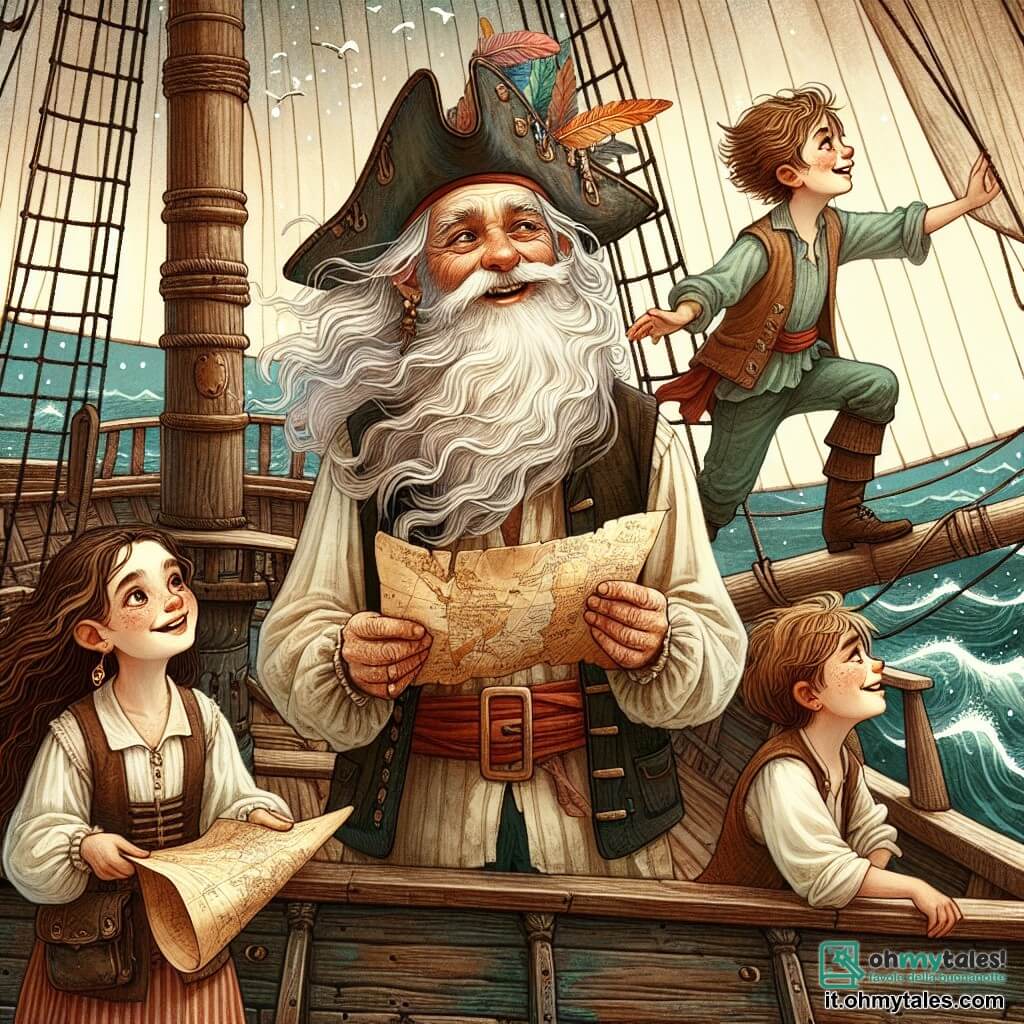 Un vecchio pirata, un uomo di circa 60 anni, si erge fiero sul ponte della sua nave, la "Stella del Mare". Ha una lunga barba bianca, occhi brillanti di saggezza e un cappello da pirata decorato con piume colorate. Il suo viso è segnato dalle avventure e sorride con nostalgia mentre racconta una storia ai suoi giovani compagni. Accanto a lui, una giovane ragazza di circa 10 anni, Isabella, la navigatrice, è concentrata su una mappa antica che tiene in mano. Ha lunghi capelli castani, occhi brillanti e indossa una camicia di lino con un gilet di pelle. Si piega leggermente in avanti, affascinata dai racconti del pirata. Un giovane ragazzo di circa 8 anni, Morgan, è arrampicato in cima all'albero, con le braccia aperte come se stesse volando. Ha capelli biondi arruffati e un ampio sorriso sul volto, pronto a tuffarsi nell'avventura. La scena si svolge sul ponte di una nave di legno, con vele bianche gonfiate dal vento e onde scintillanti che si infrangono contro lo scafo. Sullo sfondo, il cielo è di un blu brillante, punteggiato da alcune nuvole bianche, e l'orizzonte mostra un'isola misteriosa in lontananza. La situazione principale mostra il vecchio pirata che racconta una storia avvincente ai suoi giovani compagni, mentre la nave naviga verso un'isola piena di misteri e avventure, simboleggiando lo spirito d'avventura e amicizia che unisce i personaggi.