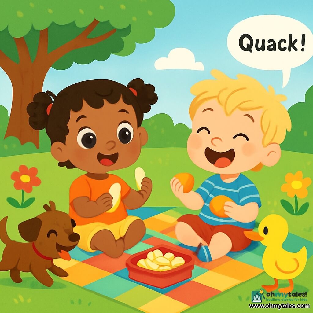 A 2-year-old girl, Mia, with big sparkling eyes and curly hair, is sitting on a colorful checkered blanket in the garden. She is joyfully smiling, holding a piece of banana in her hand. Next to her, a 2-year-old boy, Ben, with messy blonde hair and a striped t-shirt, is laughing while holding a small ball of bread. A little brown puppy, Pip, plays by running around them, while a yellow duck, Dot, proudly stands on the blanket, saying "Quack!" The sunny garden is filled with bright flowers and green grass, with a large tree in the background providing shade. In the center of the image, Mia and Ben are sharing a joyful picnic, laughing and exchanging food, while Pip and Dot surround them, creating an atmosphere of happiness and friendship.