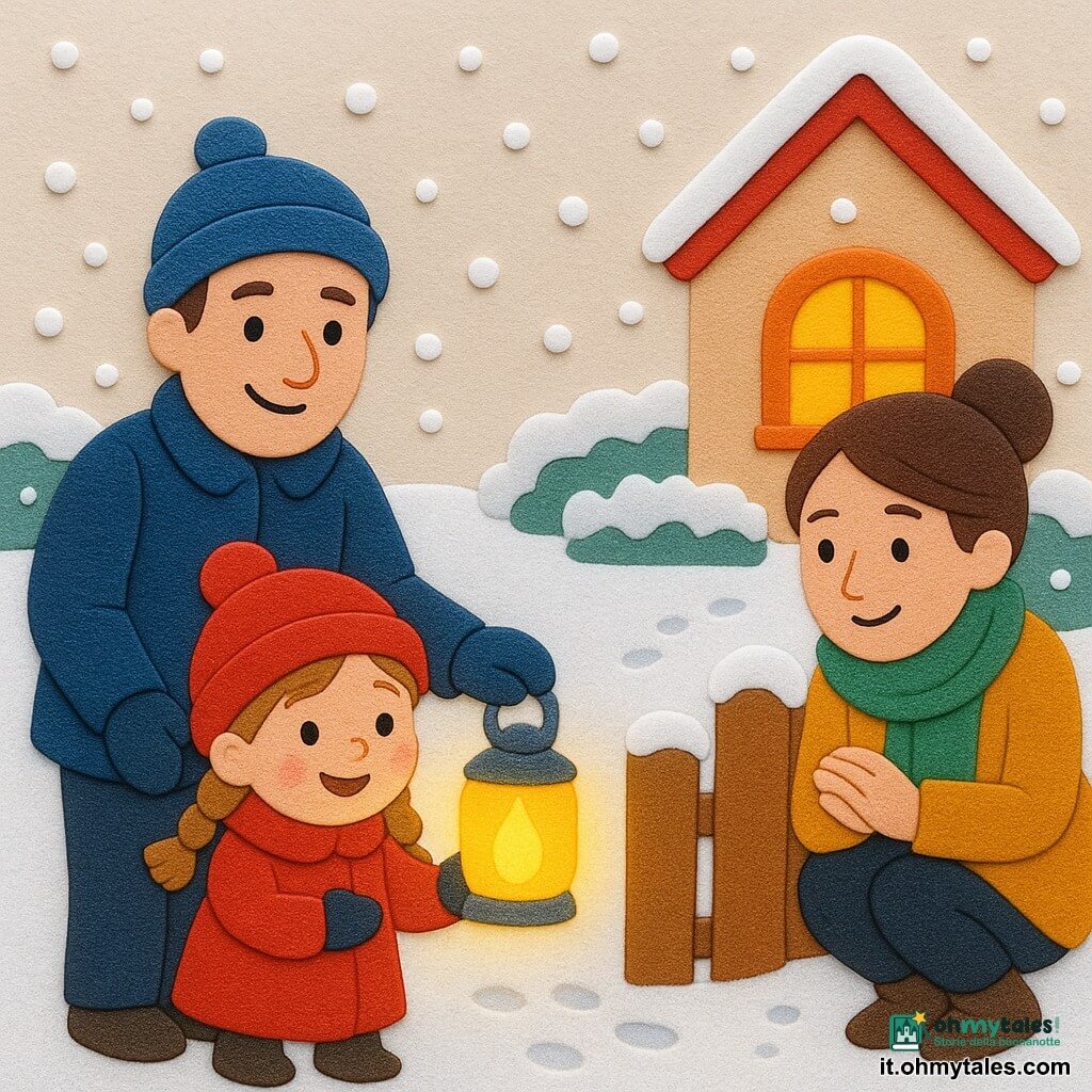 Bambina di 4 anni, felice e meravigliata, capelli castano chiaro in due trecce, guance rosa, cappotto rosso e berretto con pompon, tiene davanti a sé una piccola lanterna gialla luminosa; il papà (circa 35 anni), sorridente con cappotto blu scuro e guanti, sta dietro di lei aiutandola a posare la lanterna vicino al piccolo cancello; la mamma (circa 33 anni), capelli castani raccolti e sciarpa verde, è accovacciata sulla soglia a guardarla con tenerezza; il nonno (circa 70 anni) con occhiali tondi e berretto di lana, porta una scatola di biscotti camminando sul sentiero innevato; giardino innevato semplice: sentiero di neve polverosa con piccole impronte, siepe ghiacciata, casa con tetto rosso e finestra illuminata; lanterna accesa vicino al cancello, fiocchi che cadono dolcemente, luce calda che forma un alone giallo sulla neve fredda; atmosfera natalizia intima e accogliente, colori caldi in contrasto con blu e bianchi freddi, texture pulite e forme arrotondate adatte a adesivi in schiuma EVA.