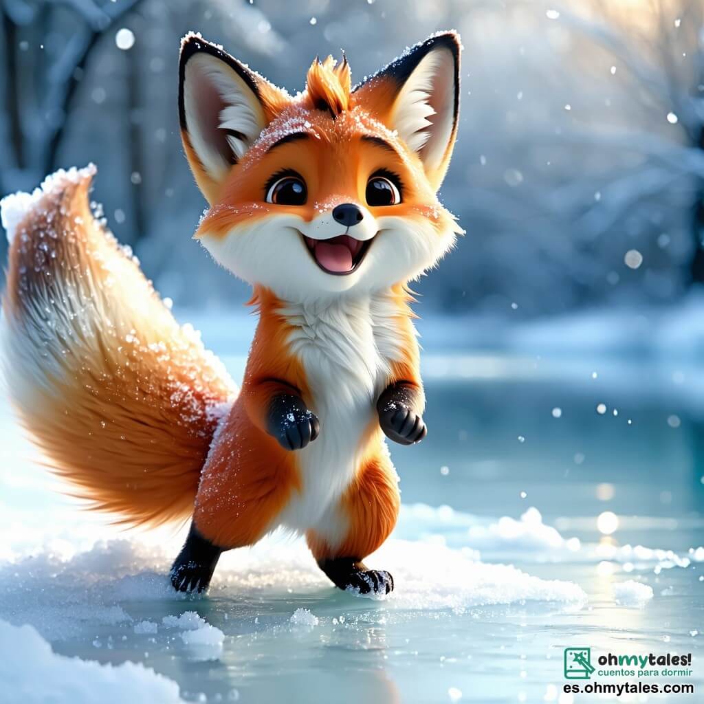 Un pequeño zorro llamado Zuri, con un pelaje de un naranja brillante y ojos llenos de curiosidad, se desliza alegremente sobre un lago helado, riendo de felicidad. Hace piruetas sobre el hielo, dejando huellas delicadas en la nieve fresca. A su lado, una pequeña ardilla llamada Lila, con pelaje marrón y una cola esponjosa, salta con entusiasmo, sus ojos brillando de emoción. Aplaude a Zuri mientras sostiene una avellana en sus pequeñas patas, lista para animarlo. El paisaje es un hermoso entorno invernal: árboles majestuosos, despojados de sus hojas, cubiertos de una fina capa de nieve brillante, mientras el cielo es de un azul intenso, salpicado de nubes blancas y esponjosas. La escena representa un momento de pura felicidad, donde Zuri y Lila se divierten juntos en el lago helado, disfrutando de la magia del invierno y de su amistad.