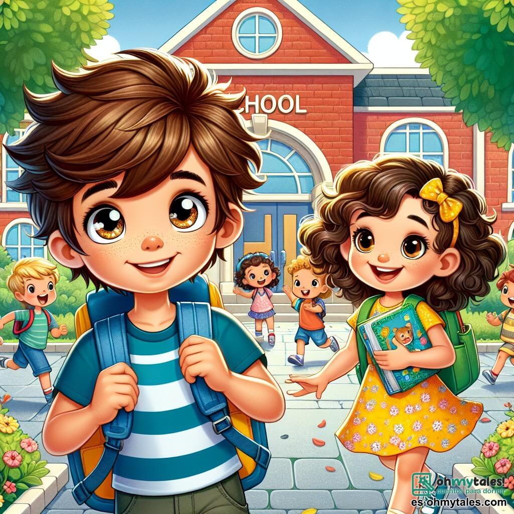Un niño de 7 años, Lucas, con cabello castaño desordenado y ojos llenos de curiosidad, está frente a la entrada de su escuela. Lleva una camiseta a rayas azul y un short, sosteniendo una mochila grande y colorida en su espalda, con una expresión de emoción y nerviosismo. A su lado, una niña de su edad, Ana, con cabello rizado y un vestido amarillo con flores, sonríe alegremente mientras sostiene un pequeño libro ilustrado. Ella parece entusiasmada y lista para hacer nuevos amigos. El lugar es una escuela colorida con muros de ladrillo rojo, rodeada de jardines florecidos donde juegan los niños. Árboles verdes ofrecen sombra y risas resuenan en el aire. La situación principal muestra a Lucas y Ana tomados de la mano, listos para entrar a la escuela, rodeados de otros niños que corren y ríen, creando una atmósfera alegre y dinámica, llena de promesas para un nuevo año escolar.
