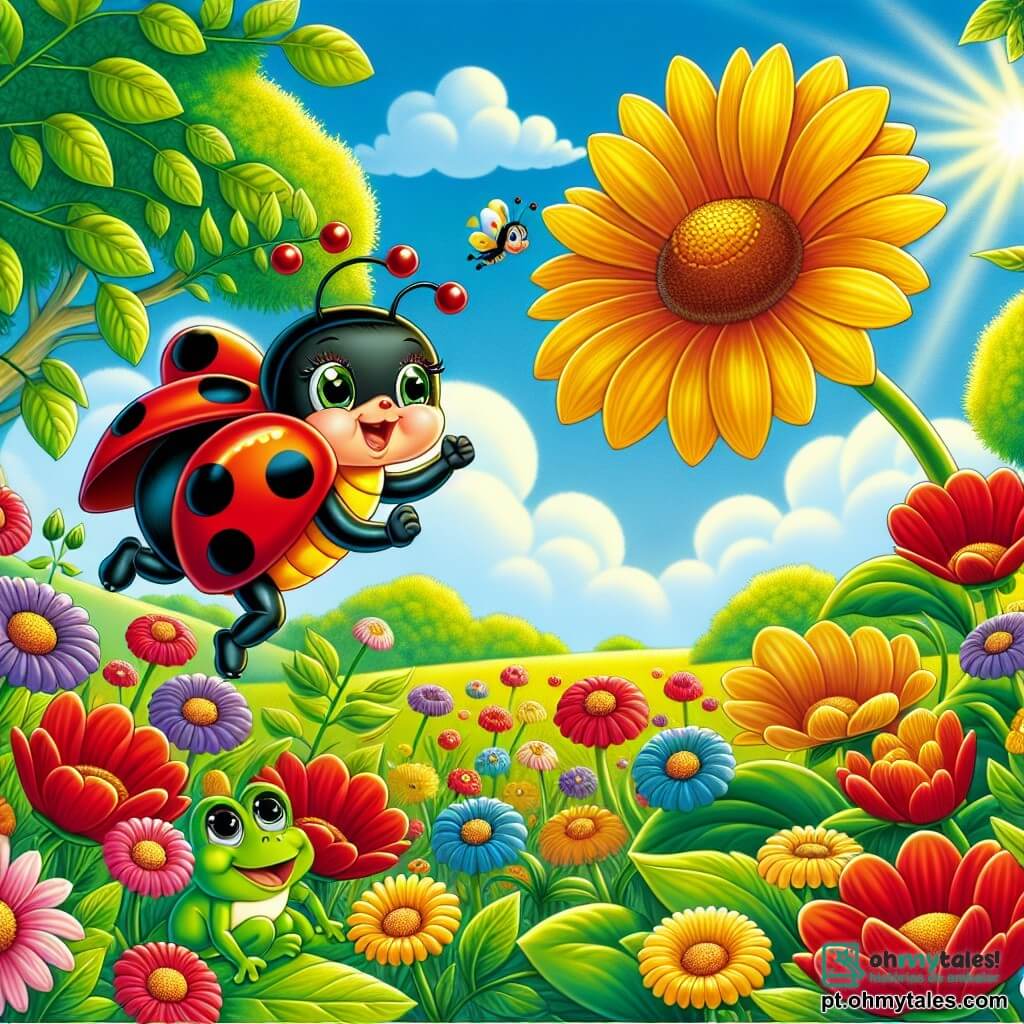 Uma pequena joaninha chamada Lili, com um corpo vermelho vivo salpicado de manchas pretas, voa alegremente sobre um campo de flores coloridas, seus olhos brilhando de determinação e felicidade. Ao seu lado, um pequeno sapo chamado Tico, com pele verde brilhante e olhos redondos e curiosos, salta alegremente sobre uma folha, sorrindo e encorajando Lili em sua jornada. O cenário é um lindo jardim no verão, repleto de flores vibrantes, grandes árvores com folhas luxuriantes e um céu azul claro com algumas nuvens brancas fofas. A situação principal mostra Lili e Tico chegando ao topo de uma colina, admirando a magnífica Flor Dourada que brilha ao sol, simbolizando alegria e amizade, enquanto uma brisa suave faz as flores dançarem ao redor deles.