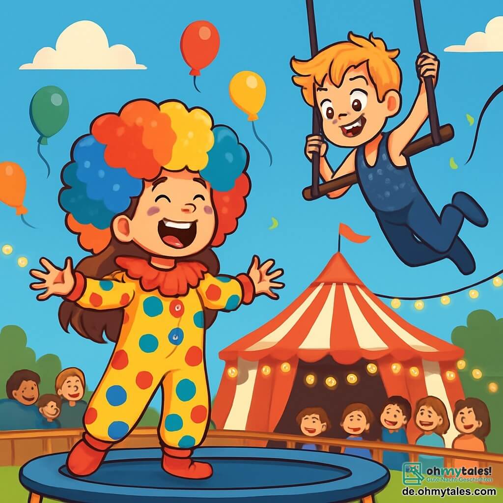 Ein 10-jähriges Mädchen mit langen braunen Haaren und strahlenden Augen trägt ein buntes Clownskostüm mit bunten Punkten und eine große lockige Perücke. Sie lacht laut, mit offenen Armen, bereit, auf ein Trampolin zu springen. Neben ihr hängt ein etwa 12-jähriger Junge mit zerzausten blonden Haaren und einem schelmischen Lächeln an einem Trapez, gekleidet in einen glitzernden Body. Er bereitet sich auf einen akrobatischen Sprung vor. Im Hintergrund erhebt sich ein großes rot-weiß gestreiftes Zelt unter einem strahlend blauen Himmel, umgeben von staunenden Zuschauern. Funkelnde Lichter beleuchten die Bühne, während bunte Ballons in der Luft schweben. Die Hauptsituation zeigt das Mädchen und den Jungen in einer Zirkusaufführung, die das Publikum mit ihrer Energie und Begeisterung fesseln.