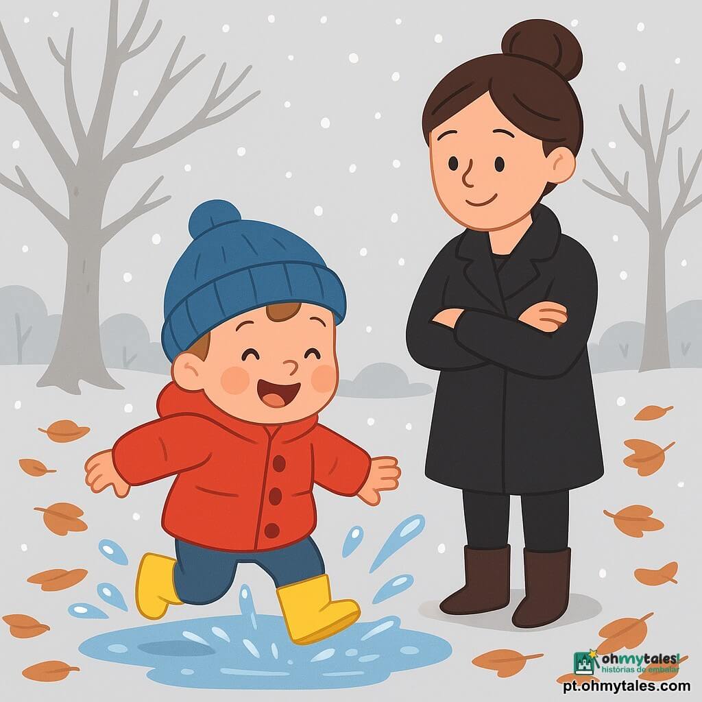 Um menino de 2 anos, chamado Tomás, com bochechas rosadas e olhos brilhantes, veste um grande casaco vermelho, um gorro azul e botas amarelas. Ele sorri alegremente enquanto salta em uma poça, espalhando gotas brilhantes ao seu redor. Sua mãe, uma mulher na casa dos trinta anos, com cabelo castanho preso em um coque e um casaco preto, o observa com um sorriso terno, de braços cruzados, admirando sua felicidade. O cenário é um parque de inverno, com árvores sem folhas, um chão coberto de folhas secas e pequenos flocos de neve caindo suavemente do céu cinza. A cena principal mostra Tomás se divertindo ao pular na poça, criando respingos cintilantes, enquanto sua mãe o observa com amor, cercados pela calma e beleza do inverno.