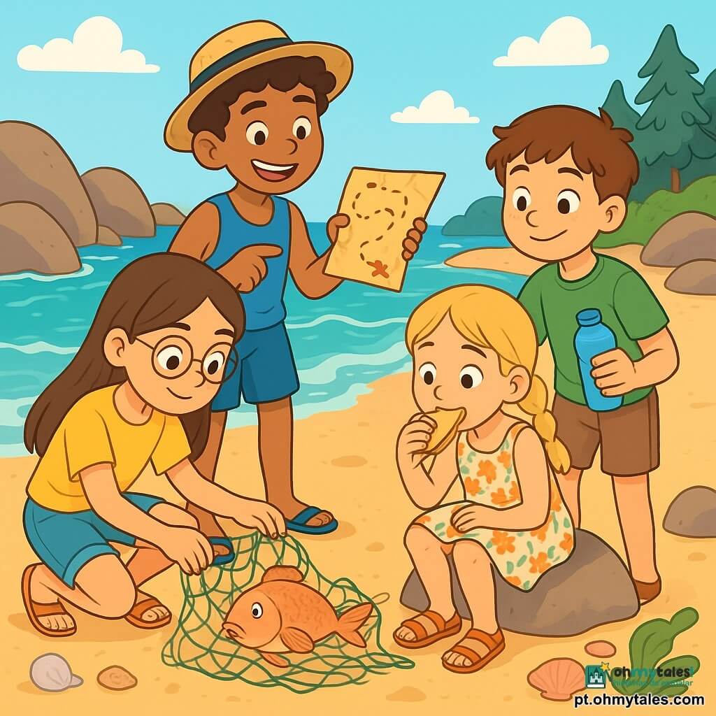 Há 4 crianças: - Sofia: uma menina de 10 anos, com cabelos longos e castanhos e óculos redondos, vestindo uma camiseta amarela e um short de jeans. Ela está agachada perto de uma panela, observando atentamente uma pequena estrela-do-mar. - Miguel: um garoto de 11 anos, com cabelos curtos e cacheados, vestindo um traje de banho azul e um chapéu de palha. Ele está em pé, segurando um velho mapa do tesouro, sorrindo e mostrando a direção para seus amigos. - Inês: uma menina de 9 anos, com cabelos loiros presos em duas tranças, vestindo um vestido florido e sandálias. Ela está sentada em uma pedra, beliscando um sanduíche enquanto observa as ondas. - Tiago: um garoto de 10 anos, com cabelos castanhos e sardas, vestindo uma camiseta verde e um short. Ele está em pé, segurando uma garrafa de água, pronto para mergulhar. O local da cena principal é uma pequena praia escondida, cercada por rochas arredondadas e pinheiros verdes. A areia é dourada e macia, e a água é de um azul brilhante, com ondas suaves que se quebram na costa. Algas verdes flutuam perto das rochas, e conchas coloridas estão espalhadas pela areia. A cena principal da história mostra as crianças libertando uma pequena carangueja presa em uma velha rede de pesca. Elas trabalham juntas com cuidado, sorrindo e rindo, enquanto se certam de não machucar o animal.