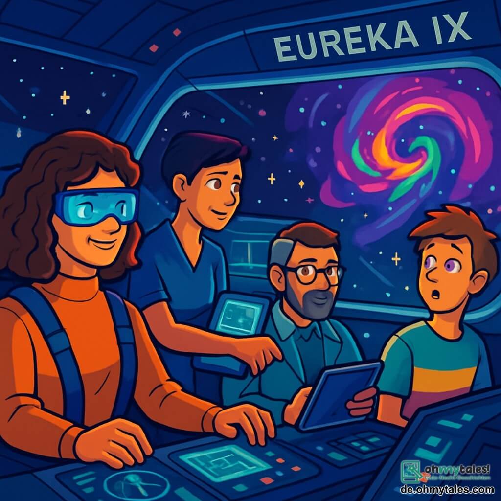Eine Frau, Professorin Luna Sternfeld, sitzt in ihrem bequemen Pilotensitz, mit lockigem braunem Haar und futuristischen Brillen, die im Licht der Sterne funkeln. Sie hat einen entschlossenen und neugierigen Blick, ihre Augen leuchten vor Aufregung, während sie die Kontrollbildschirme beobachtet. Neben ihr passt Kim, eine etwa 30-jährige Technik-Spezialistin mit kurzen Haaren und einem selbstbewussten Lächeln, die Navigationssensoren an und konzentriert sich auf die fließenden Daten. Dr. Singh, ein etwa 40-jähriger Biologe mit gepflegtem Bart und runden Brillen, blättert nachdenklich in Notizen auf einem Tablet, während Max, ein 20-jähriger Ingenieur mit zerzausten Haaren und einem bunten T-Shirt, fasziniert aus dem Fenster schaut und die Aussicht auf die Sterne bewundert. Der Ort ist im Raumschiff "Eureka IX", mit transparenten Wänden, die einen spektakulären Blick auf die Weiten des Weltraums bieten. Funkelnde Lichter und holographische Bildschirme erhellen den Raum und schaffen eine futuristische und dynamische Atmosphäre. Die Hauptsituation zeigt das Raumschiff, das sich einer mysteriösen kosmischen Anomalie nähert, wo farbige Energien wirbeln und seltsame Formen im Raum erscheinen. Die Charaktere, gefesselt von diesem unglaublichen Phänomen, tauschen besorgte und faszinierte Blicke aus, bereit, die Geheimnisse dieses rätselhaften Ortes zu entdecken.