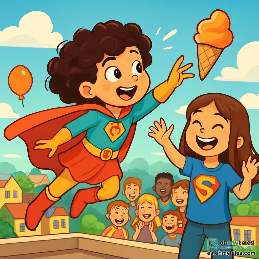 Sofía, una niña de cabello rizado y brillante, lleva un colorido disfraz de superheroína con una capa ondeante. Tiene una sonrisa traviesa y ojos brillantes de emoción, mientras se prepara para atrapar un cono de helado que vuela en el aire. A su lado, Clara, una niña de cabello liso y castaño, de unos 10 años, lleva una camiseta con motivos de superhéroes y ríe alegremente, con los brazos levantados, animando a Sofía. Al fondo, un grupo de niños de aproximadamente 10 años observa la escena con expresiones asombradas y risas, algunos sosteniendo globos de colores. La escena se desarrolla en la azotea de un edificio en la ciudad, con una vista panorámica de casas coloridas y árboles verdes abajo. El cielo es azul con algunas nubes blancas esponjosas, añadiendo un toque de magia a la atmósfera. Sofía, con sus poderes cómicos, intenta atrapar el cono de helado que se eleva, provocando una situación hilarante donde el cono parece bailar y flotar, creando un ambiente alegre y lleno de risas.