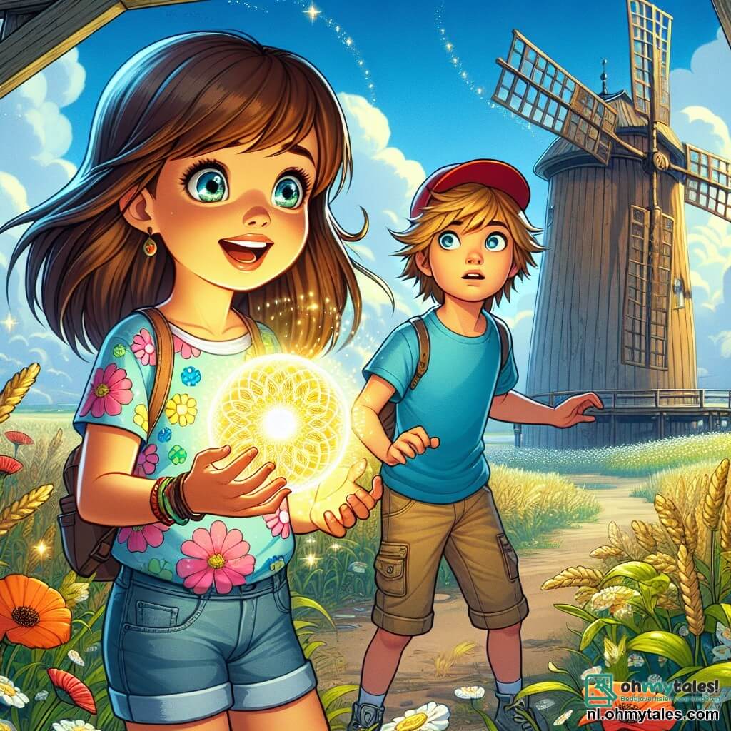 Op de voorgrond staat een 10-jarig meisje genaamd Mira, met lange bruine haren en nieuwsgierige ogen, verwonderd voor een kleine zwevende lichtbol. Ze draagt een kleurrijk t-shirt met bloemenpatronen en een spijkerbroekshort, en haar gezicht straalt intense vreugde en fascinatie voor het onbekende uit. Naast haar kijkt haar beste vriend Sam, een 10-jarige jongen met messy blond haar en een rode pet, naar de bol met een mix van opwinding en ongeloof. Hij is gekleed in een blauwe t-shirt en cargo shorts, en staat iets op de achtergrond met zijn armen gekruist, klaar om Mira te volgen in dit avontuur. Op de achtergrond bevindt de scène zich bij een oude houten molen, omringd door groene velden en wilde bloemen die dansen in de wind. De lucht is helderblauw met donzige witte wolken, en het zonlicht creëert sprankelende reflecties op de lichtbol. De hoofdscène toont Mira en Sam, gefascineerd en nieuwsgierig, die zich naar de lichtbol begeven die een zachte melodie lijkt uit te stralen, klaar om hen mee te nemen op een intergalactisch avontuur.