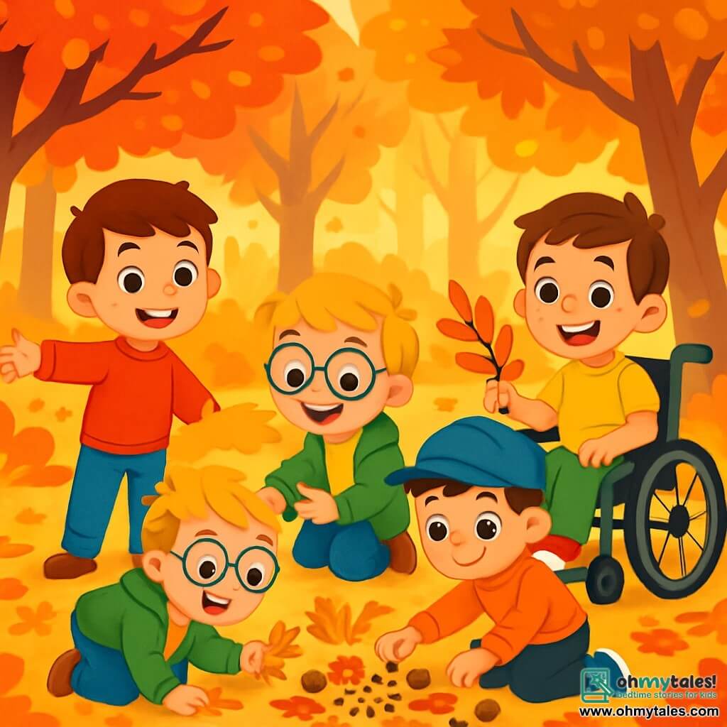 There are 4 children: Jack, a 6-year-old boy with brown hair and sparkling eyes, wearing a red sweater and blue jeans, standing and smiling while showing a large pile of colorful leaves; Sam, a 6-year-old boy with blonde hair and round glasses, wearing a green jacket and yellow t-shirt, crouching and enthusiastically collecting golden leaves; Leo, a 6-year-old boy with black hair and a blue cap, wearing an orange sweatshirt and gray pants, sitting on the ground arranging acorns in a pretty pattern; and Max, a 6-year-old boy with brown hair and a bright smile, in his wheelchair surrounded by leaves, holding a branch decorated with red leaves. The scene takes place in a magical autumn forest with trees covered in vibrant red, orange, and yellow leaves, a crunchy leaf-covered ground, and sunlight streaming through the branches, illuminating the scene with a soft golden light. The main situation shows the four friends creating art with leaves, acorns, and pine cones, laughing and having fun together amidst the stunning beauty of autumn.