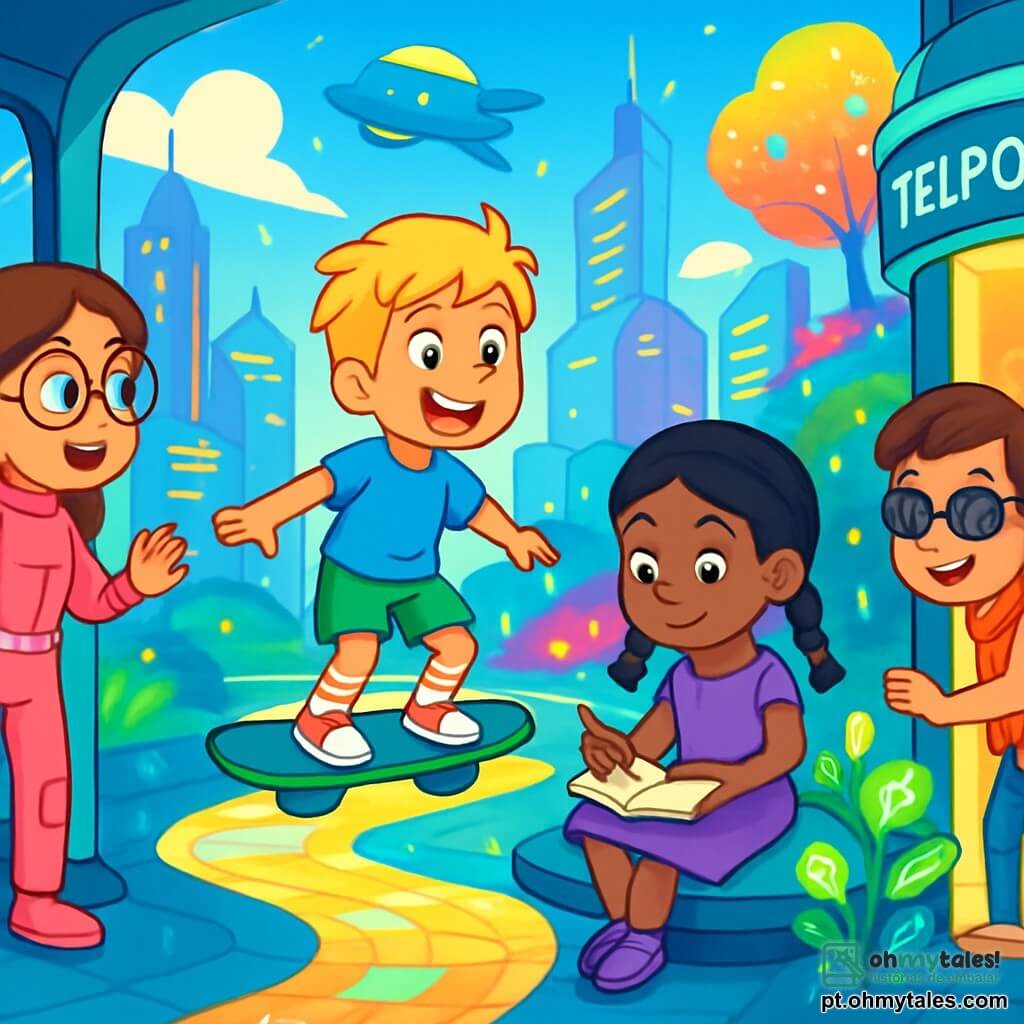 Há 4 crianças: - Sofia: uma menina de 7 anos com longos cabelos castanhos e óculos redondos, vestindo uma combinação futurista rosa, admirando a vista da cidade perto de uma janela. - Léo: um menino de 7 anos com cabelos loiros bagunçados e um sorriso radiante, vestido com uma camiseta azul e um short verde, em pé em um skate voador, pronto para decolar. - Júlia: uma menina de 7 anos com cabelos negros trançados e um vestido roxo, sentada em uma plataforma flutuante, cercada por plantas luminosas, desenhando em um caderno. - Davi: um menino de 7 anos com cabelos castanhos e óculos de sol, usando um colete laranja e perto de uma estação de teletransporte, observando animadamente as luzes piscantes. A cena se passa em Lumilândia, uma cidade futurista com edifícios brilhantes, jardins suspensos e carros voadores no céu azul, onde as ruas são pavimentadas com pedras luminosas e árvores coloridas flutuam no ar, criando uma atmosfera mágica e alegre. Os quatro crianças estão prontas para explorar a cidade: Sofia está maravilhada, Léo se prepara para voar, Júlia desenha as maravilhas ao seu redor, e Davi se aproxima da estação de teletransporte, ansioso para descobrir novos horizontes.