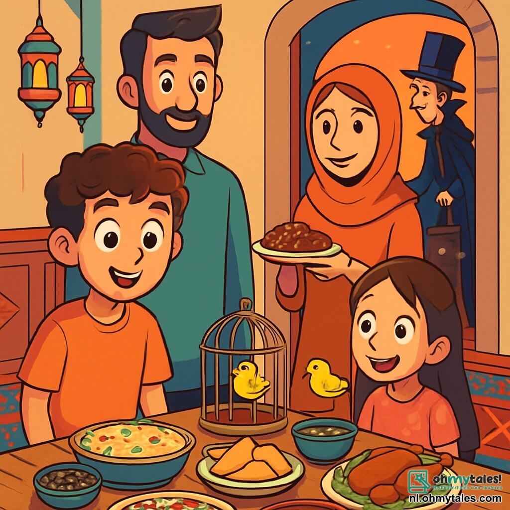 Een 12-jarige jongen, Amir, met bruin, krullend haar en grote, nieuwsgierige ogen, staat voor een tafel vol kleurrijke en smakelijke gerechten met een verwonderde glimlach op zijn gezicht. Naast hem kijkt zijn 8-jarige zus Layla, met lang, glad haar en een roze jurk met bloemenpatroon, met grote ogen naar een klein vogeltje dat in een kooi zingt, haar gezicht verlicht door vreugde. Op de achtergrond observeert hun vader, een man van in de veertig met een zorgvuldig onderhouden baard, de scène met een trotse glimlach, terwijl hun moeder, een zachte vrouw met kastanjebruin haar, een bord met heerlijke dadels brengt. De scène speelt zich af in een warme eetkamer, versierd met kleurrijke lantaarns en traditionele tapijten, waar het gouden licht van de ondergang door de ramen filtert en een magische sfeer creëert. In het midden van de illustratie zijn Amir, Layla en hun ouders rond de tafel verzameld, vol verwachting om het vasten te breken, terwijl een mysterieuze koopman, gekleed in een lange cape en een hoge hoed, bij de ingang verschijnt met een klein karretje vol magische wonderen.