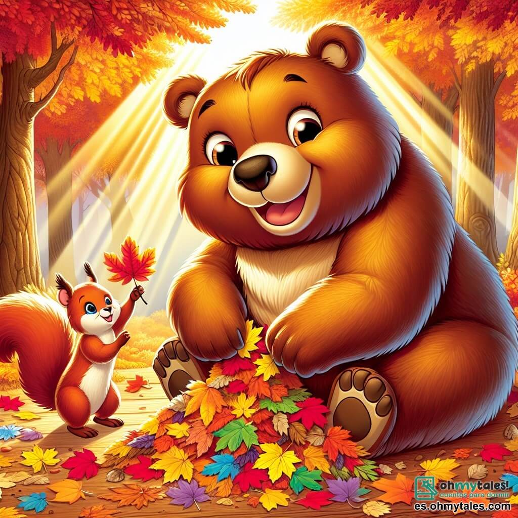 Un gran oso pardo con pelaje dorado, ojos brillantes de alegría y una amplia sonrisa, está agachado sobre una alfombra de hojas multicolores, recogiendo hojas de otoño en tonos vibrantes de rojo, naranja y amarillo. A su lado, una pequeña ardilla de ojos vivos y pelaje rojizo, saltando con entusiasmo, sostiene una pequeña rama decorada con hojas y parece compartir la emoción del oso. El escenario es un hermoso bosque en otoño, donde los majestuosos árboles se alzan, sus hojas vibrantes cayendo suavemente al suelo, mientras rayos de sol filtran a través de las ramas, creando un cálido juego de luces. La escena representa el momento en que el oso y la ardilla colaboran alegremente para reunir materiales coloridos y crear un mural artístico que celebra la belleza del otoño.