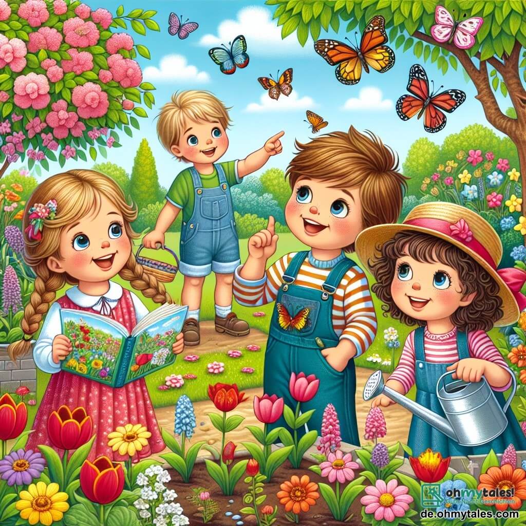 In einem bunten Garten sind vier Kinder versammelt: Max, ein 10-jähriger Junge mit blonden Haaren und blauen Augen, lächelt und hält ein Buch über Vögel; Sophie, ein 9-jähriges Mädchen mit braunen Haaren und Zöpfen, zeigt auf eine rosa Blume; Leo, ein 10-jähriger Junge mit braunen Haaren und Brille, beobachtet fasziniert einen Schmetterling; und Mia, ein 9-jähriges Mädchen mit lockigem Haar und einem Strohhut, hält ein Gießkanne und gießt die Blumen. Der Garten ist mit leuchtenden, bunten Blumen gefüllt, wie roten Tulpen, gelben Narzissen und Veilchen, während ein großer Baum mit grünem Laub in der Mitte steht. Bunte Schmetterlinge fliegen um die Kinder, und ein kleiner Vogel singt auf einem Ast. Die Kinder pflanzen Blumensamen, um einen Schmetterlingsgarten zu schaffen, lachen und ermutigen sich gegenseitig, während die sanfte Frühlingssonne die Szene erhellt.