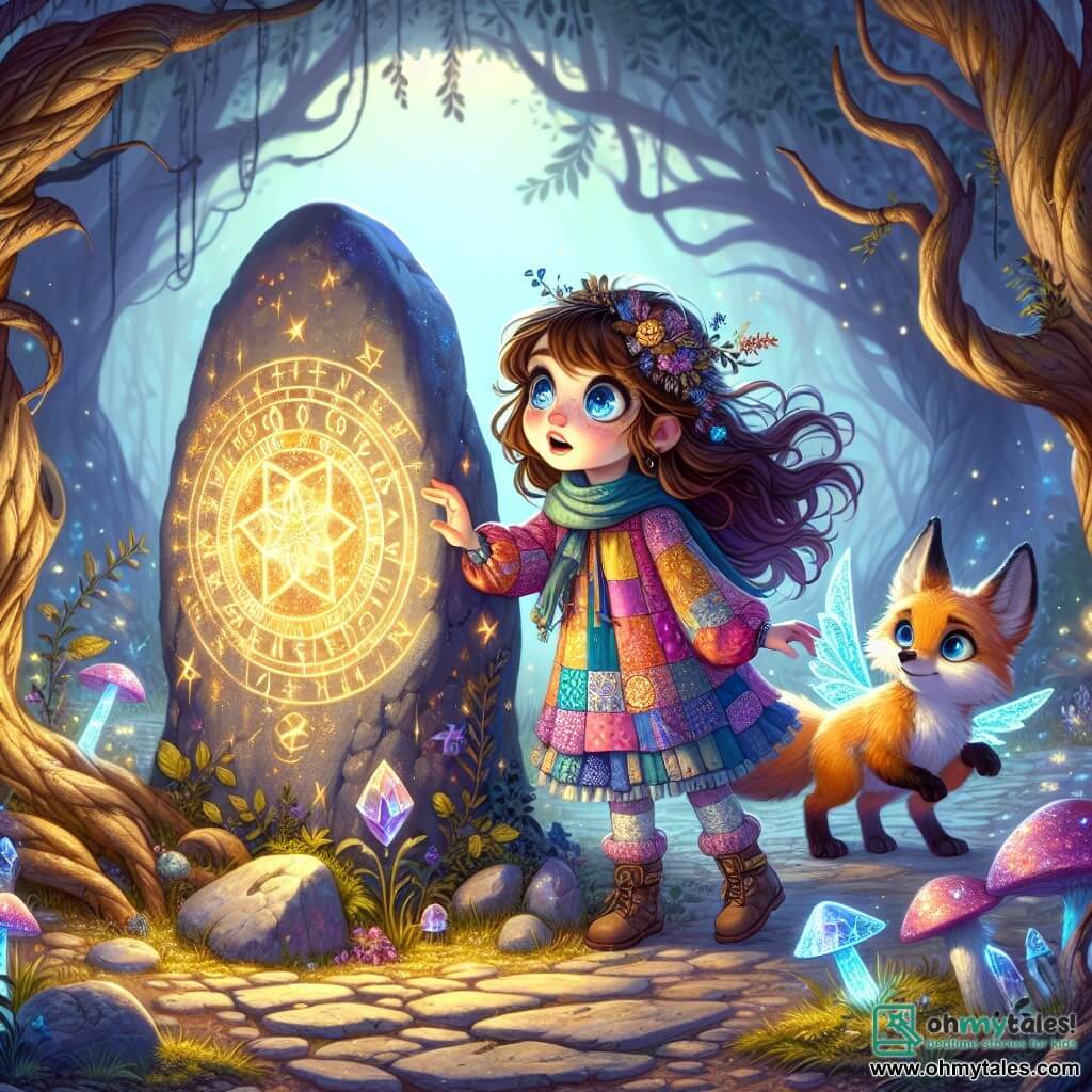 A young apprentice witch, Hazel, about 12 years old, stands in the center of the scene. She has long, messy brown hair, sparkling curious eyes, and wears a brightly colored patchwork dress. Her face expresses wonder and excitement as she touches a shimmering magical stone surrounded by a golden glow. Beside her, a small fox with shiny wings, Thistle, watches with quartz-shaped eyes, his blue and silver feathers sparkling in the light. He appears both wise and mischievous, ready to assist her on her adventure. The setting is a vast enchanted clearing, surrounded by twisted trees with luminescent leaves, bathed in soft moonlight. Glowing mushrooms form a circle around a giant stone covered in ancient runes, emitting a gentle glow. The main scene shows Hazel, amazed, touching the magical stone at the center of the clearing, while sparkles of light dance around her, revealing the mystery and magic that surrounds her.