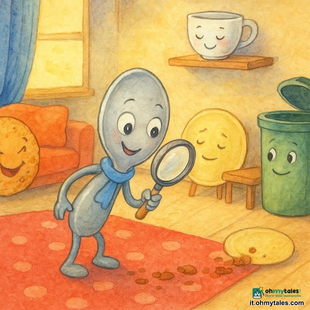 Il protagonista è un piccolo cucchiaino antropomorfo chiamato Lino, lucido in metallo spazzolato, occhi rotondi, sciarpa blu, sorriso curioso, che con una lente esamina una grossa briciola; Biscottino, un biscotto tondo e friabile con un'espressione birichina, si nasconde ridendo dietro una tendetta blu a sinistra; Tazza Tina è una tazza bianca con un cuore rosa su un ripiano in alto, sorridente e inclinata a osservare; Piatto Gino è un piatto giallo pallido, un po' pensieroso, appoggiato al piede di un tavolino di legno a destra di Lino; un bidone della spazzatura verde con coperchio aperto e occhi dipinti sta nell'angolo destro come testimone; il salotto è caldo e colorato (tappeto a pois rossi, cuscini rossi e arancioni, pavimento in legno chiaro, tende blu, raggi di sole soffusi) e una scia di grosse briciole marroni serpeggia dal divano al bidone; Lino segue la pista con la lente mentre gli altri lo osservano sorridendo in un'indagine leggera, gioiosa e rassicurante.
