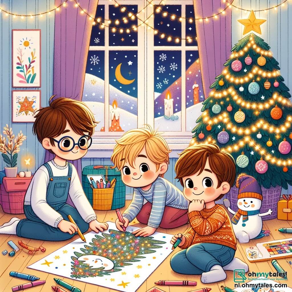 Drie kleine jongens, Tim, Sam en Max, zijn samen in een gezellige kamer. Tim, een 7-jarig jongetje met bruin haar en een bril, houdt een groot vel papier vast waarop hij een prachtige kerstboom heeft getekend. Naast hem kleurt Sam, een 6-jarig jongetje met blond haar en sprankelende ogen, een gouden ster met kleurpotloden. Max, een 5-jarig jongetje met kastanjebruin haar en een ondeugende glimlach, zit op de grond omringd door tekeningen en maakt een schattige sneeuw met een sneeuwman.

De kamer is versierd voor Kerstmis, met glinsterende slingers aan de muren en een groot raam dat zacht winterlicht binnenlaat. Een kerstboom, die straalt van de lichten, staat in een hoek, vol met gekleurde ballen en slingers. Op de tafel liggen stiften en papier verspreid, wat een creatieve toets aan de feestelijke sfeer toevoegt.

De drie jongens zijn druk bezig, lachend en elkaar aanmoedigend terwijl ze hun tekeningen voorbereiden om de ouderen in hun huis te verrassen. De scène straalt een vrolijke en warme sfeer uit, vol creativiteit en vriendschap.