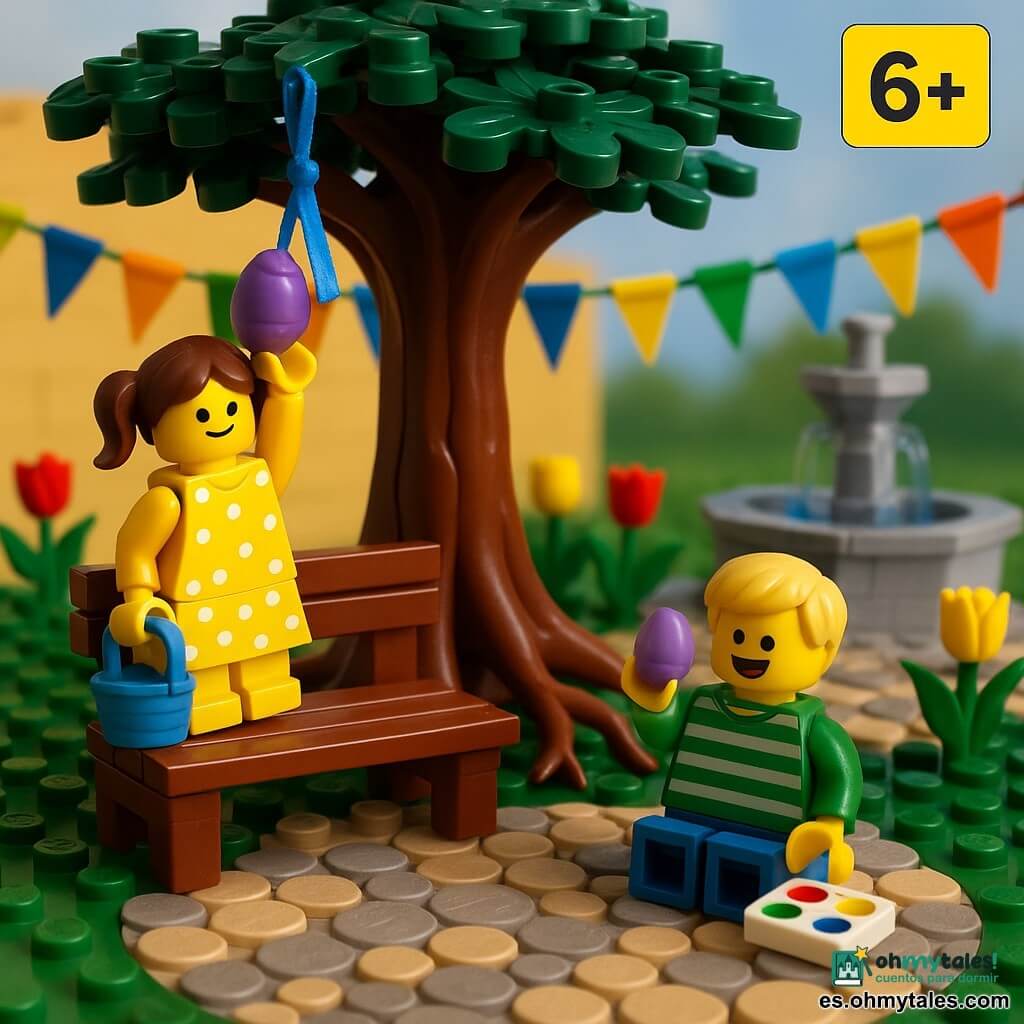 Hay dos niños: una niña de 5 años con el pelo castaño en dos trenzas, vestido amarillo con lunares blancos, sostiene una pequeña cesta azul y sube a un banco bajo un gran roble para alcanzar una cinta azul atada a una rama, situada a la izquierda; un niño de 5 años con pelo rubio corto y suéter de rayas verdes está sentado a la derecha junto al banco, sostiene una caja de pinturas y muestra riendo un huevo de Pascua morado. Lugar: una plaza de pueblo soleada con adoquines redondos, un gran roble de hojas verde oscuro y raíces visibles, una fuente de piedra detrás, bancos barnizados, guirnaldas de papel y tulipanes rojos y amarillos. Situación: los niños descubren un huevo de Pascua morado colgado de una rama con una cinta azul; pintan juntos otro huevo en el banco, ríen y comparten golosinas; ambiente alegre y luminoso, colores vivos, sombras suaves y expresiones sonrientes.