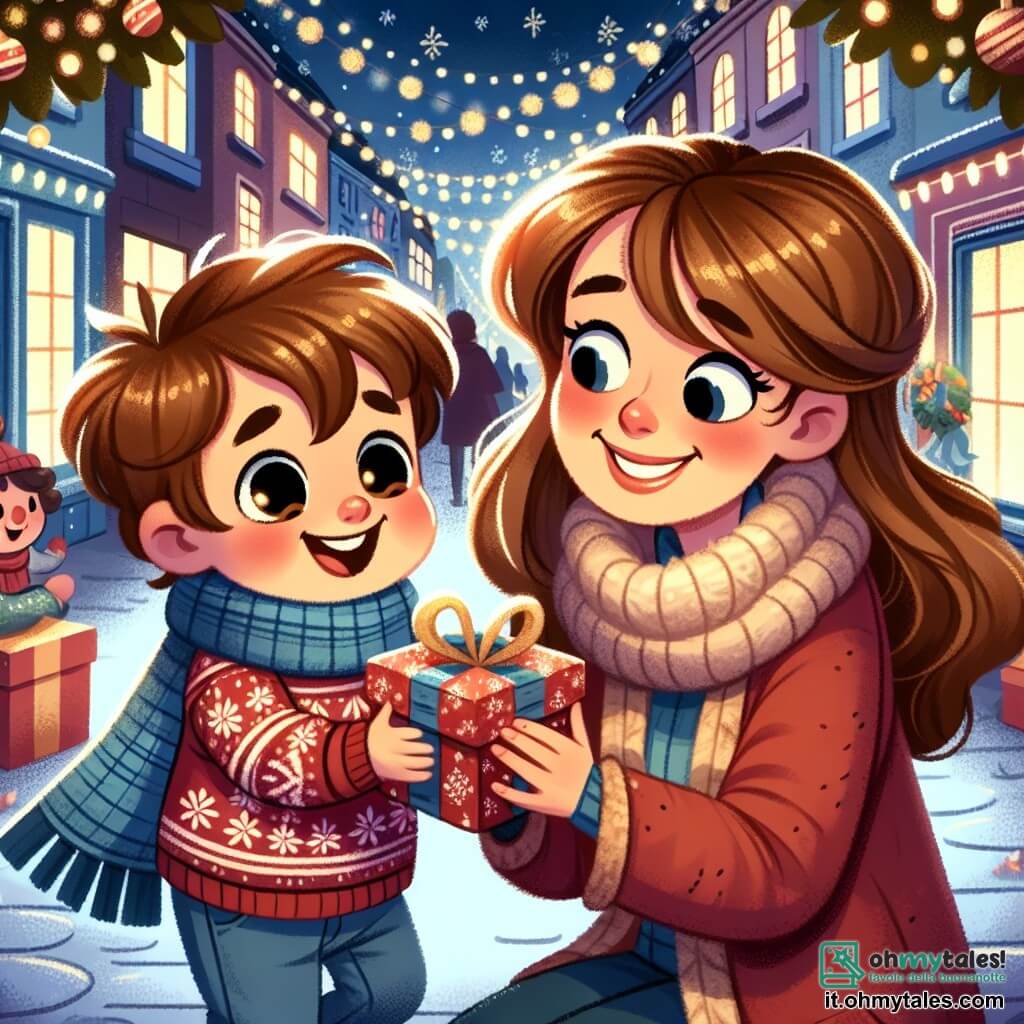 Un bambino di un anno, con grandi occhi curiosi e capelli castani in disordine, sorride felicemente mentre tiene in mano un piccolo pacchetto regalo. Indossa un maglione rosso con fiocchi di neve e un pantalone di jeans. Accanto a lui, sua madre, una donna di circa 30 anni con lunghi capelli castani e un sorriso caloroso, si accovaccia per ammirare il regalo che le porge il figlio. Indossa una sciarpa di lana morbida e un cappotto blu. La scena si svolge in una strada animata durante il periodo di Natale, con splendide luci scintillanti sugli alberi e sulle case. Decorazioni festive abbelliscono le vetrine dei negozi e un grande albero di Natale illuminato si erge in fondo alla strada, creando un'atmosfera magica. In questa situazione, il bambino è emozionato di fare una sorpresa alla madre con un regalo che ha trovato, mentre la madre, commossa, si piega per ricevere questo dono con amore e tenerezza.