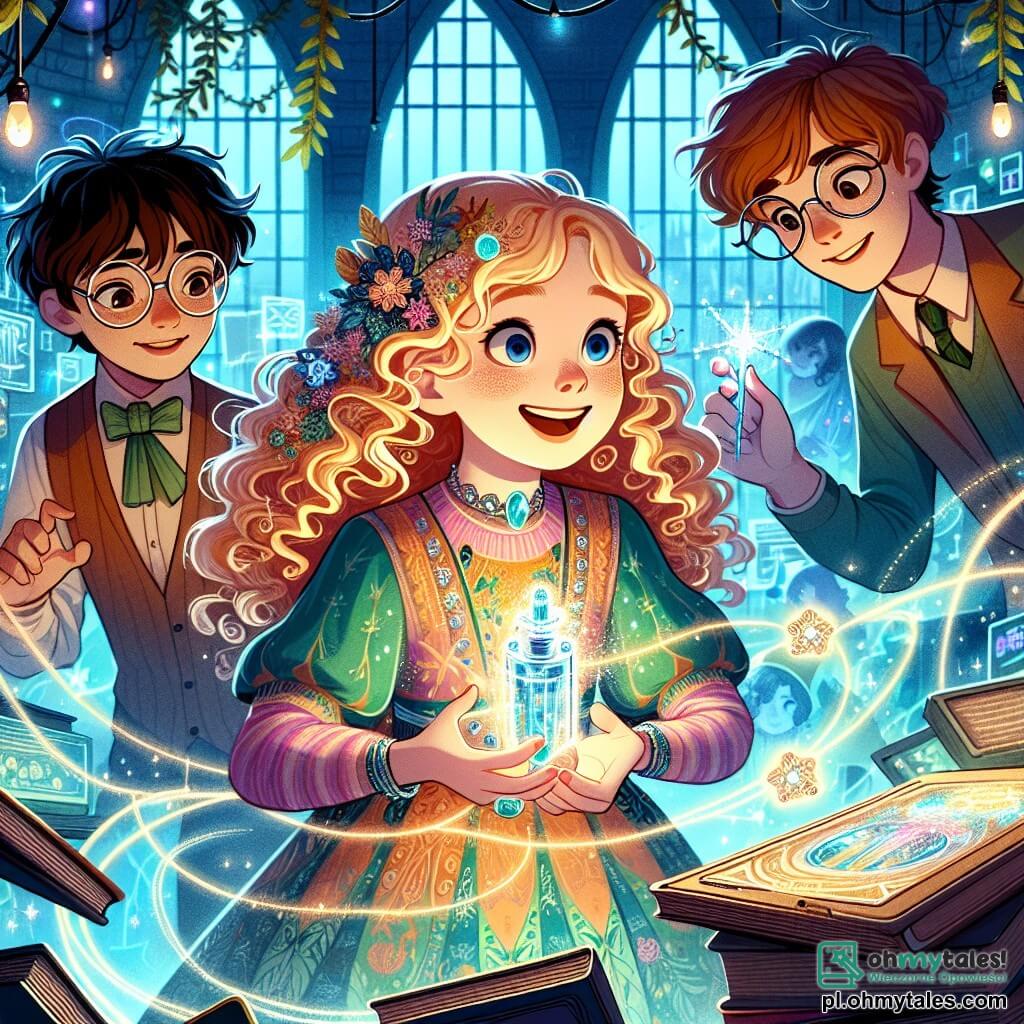 W centrum obrazu znajduje się 12-letnia dziewczynka o imieniu Lila, z kręconymi, złotymi włosami, ubrana w kolorową sukienkę ozdobioną magicznymi wzorami. Jej twarz wyraża radosną determinację, gdy trzyma w rękach prototyp błyszczącego urządzenia, będącego połączeniem technologii i magii. Po jej prawej stronie stoi 14-letni chłopak, technolog w okrągłych okularach i brązowych włosach, który z ciekawością obserwuje, trzymając futurystyczną tabletę. Po lewej stronie znajduje się stara kobieta w zielonej sukience, mądra czarownica z srebrnymi włosami, która z życzliwością się uśmiecha, trzymając migoczącą różdżkę. Tło to tajna sala, wypełniona świecącymi pnączami i unoszącymi się starymi książkami, gdzie holograficzne ekrany wyświetlają obrazy magii i technologii w harmonii. Na końcu, okna wpuszczają miękkie światło, oświetlające twarze postaci. Główna sytuacja pokazuje Lilę otoczoną przyjaciółmi, prezentującą swoje wynalazki łączące magię i naukę na Ronde des Anciens, gotową przekonać mędrców o znaczeniu ich współpracy dla przyszłości ich miasta.