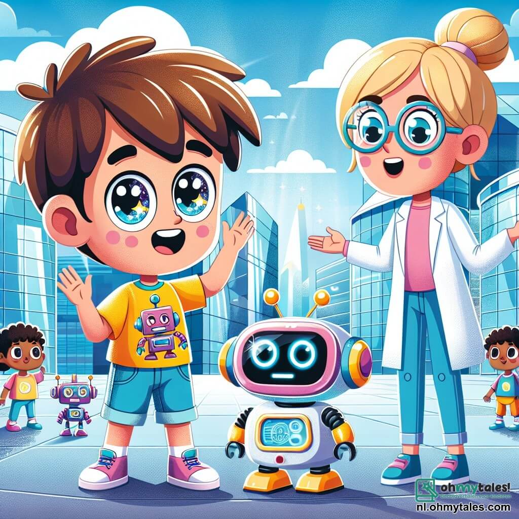 Een 6-jarig jongetje, Max, met rommelig bruin haar en sprankelende ogen, staat in het midden van de afbeelding met een brede glimlach, verwonderd door het uitzicht. Hij draagt een kleurrijk t-shirt met robotmotieven en een spijkerbroek. Naast hem staat een vriendelijke robot genaamd Beep, rond van vorm en in heldere kleuren, met stralende ogen, die hem vrolijk aankijkt, klaar om hem te vergezellen in zijn avonturen. Op de achtergrond staat een vrouw in een witte labjas van ongeveer 30 jaar, dicht bij een grote futuristische machine, de Glim Teleporter, met blond haar in een knot en een bril op haar neus, die de werking ervan uitlegt aan een groep kinderen. De locatie is het Grote Plein van de stad Glim, een levendig plein omringd door glinsterende glazen gebouwen die de blauwe lucht en witte wolken weerspiegelen, met bomen met kleurrijke bladeren en robots die glimlachend rondlopen. De belangrijkste situatie toont Max met zijn armen in de lucht, klaar om de teleporter binnen te gaan, terwijl Beep naast hem zweeft en de andere kinderen hem enthousiast aankijken, vol verwachting om de wonderen van hun futuristische stad te ontdekken.