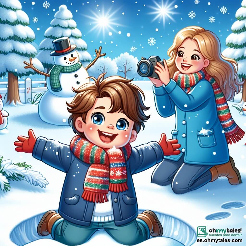 Un niño pequeño de 3 años, con cabello castaño despeinado y mejillas rosadas, está acostado en la nieve, con los brazos y las piernas extendidos, creando un ángel de nieve. Su rostro irradia alegría y asombro, y sus ojos brillantes reflejan la emoción del invierno. A su lado, su mamá, una mujer de unos 30 años con cabello largo y rubio, lleva un abrigo azul brillante y una bufanda roja. Ella sonríe mientras toma una foto de su hijo, de pie al lado, con los brazos cruzados, admirando su pequeño ángel. El escenario es un jardín nevado, con árboles cubiertos de nieve brillante, copos de nieve cayendo suavemente del cielo azul claro y un gran muñeco de nieve con un sombrero negro y una bufanda colorida que se erige orgullosamente en el fondo. La escena principal muestra al niño divirtiéndose haciendo un ángel en la nieve, rodeado de la belleza invernal, mientras su mamá captura este momento mágico.